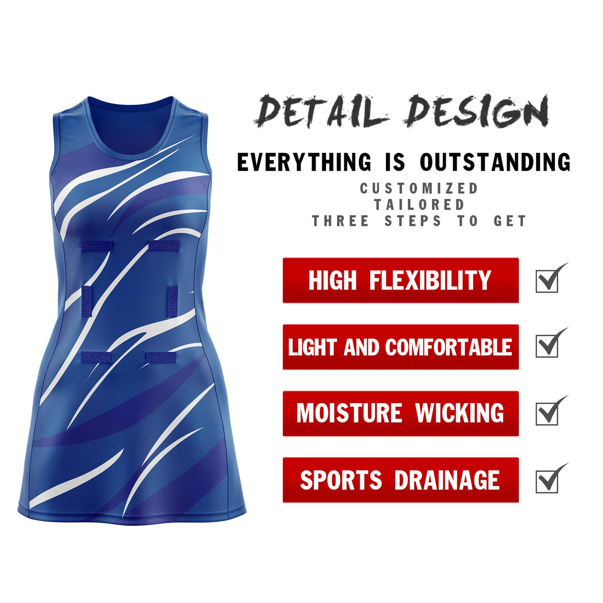 Custom Royal Royal Blue Dynamic Stripes Breathable &amp; Quick-Drying Netball Dress