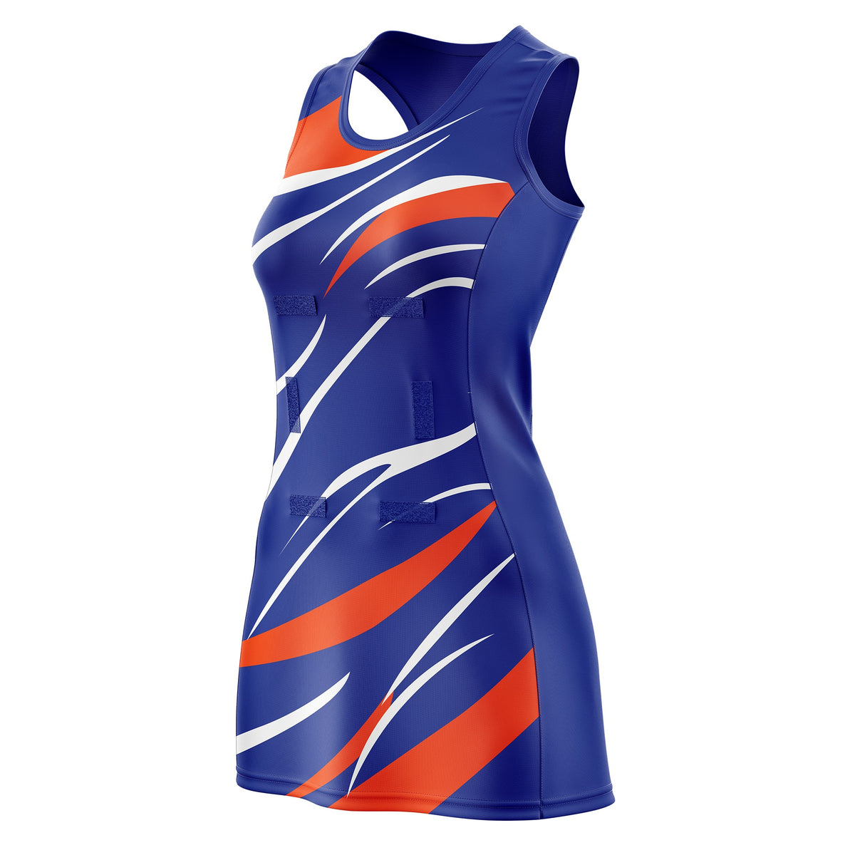 Custom Royal Blue Orange Dynamic Stripes Wrinkle-Resistant Netball Dress
