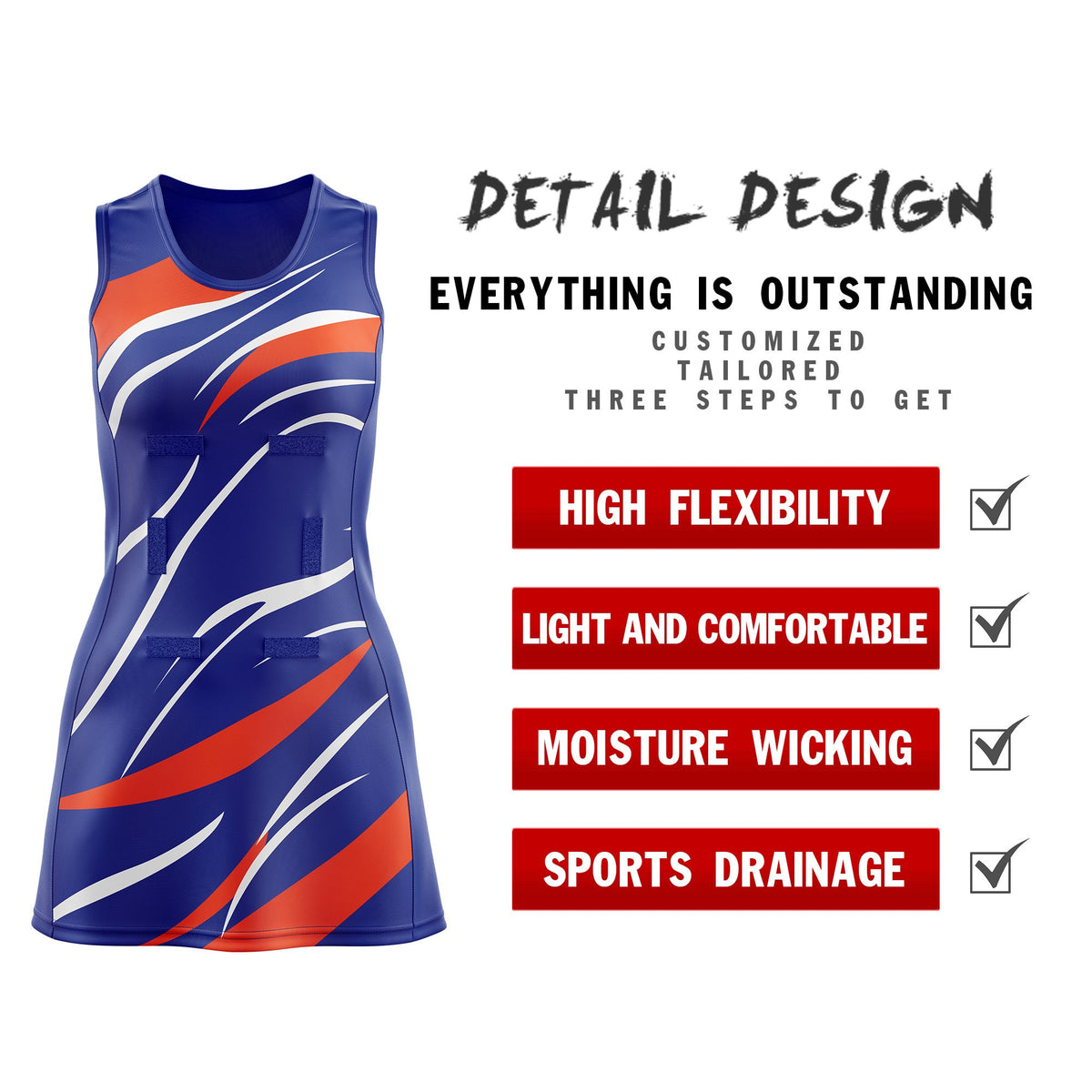 Custom Royal Blue Orange Dynamic Stripes Wrinkle-Resistant Netball Dress