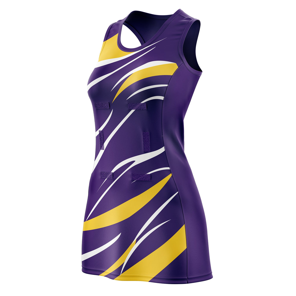 Custom Purple Gold Dynamic Stripes Moisture-Wicking Netball Dress