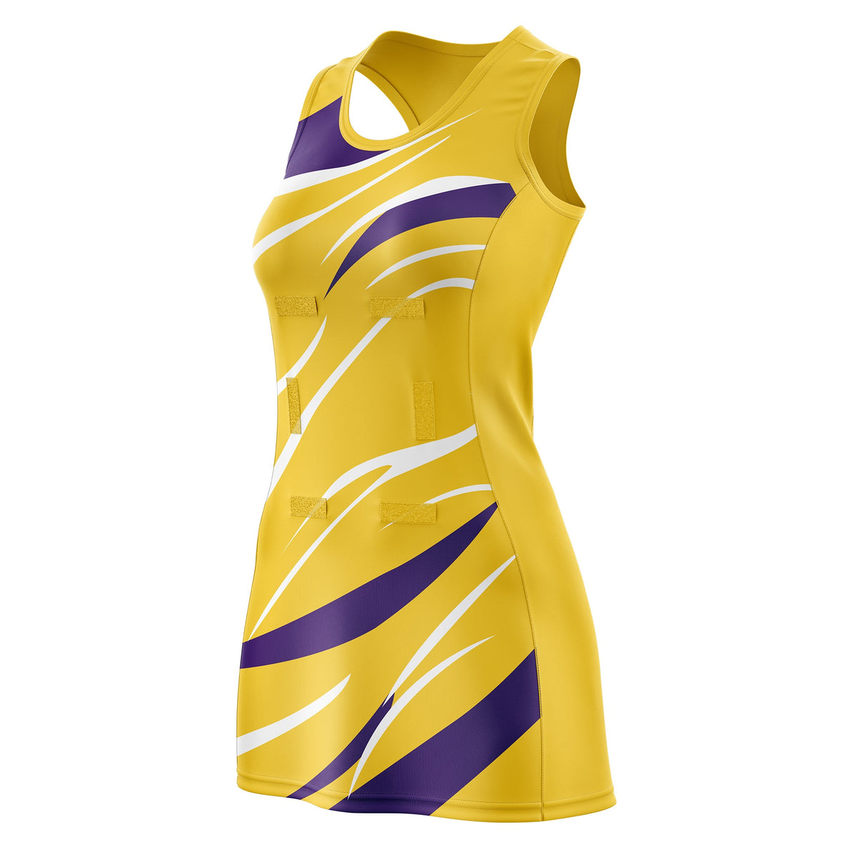 Custom Gold Purple Dynamic Stripes Breathable &amp; Quick-Drying Netball Dress