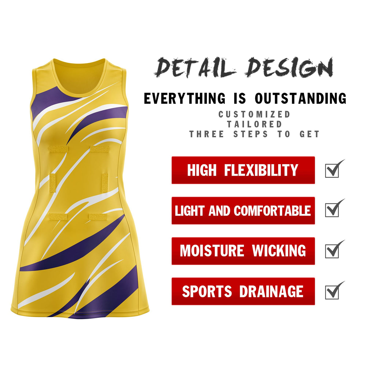 Custom Gold Purple Dynamic Stripes Breathable &amp; Quick-Drying Netball Dress