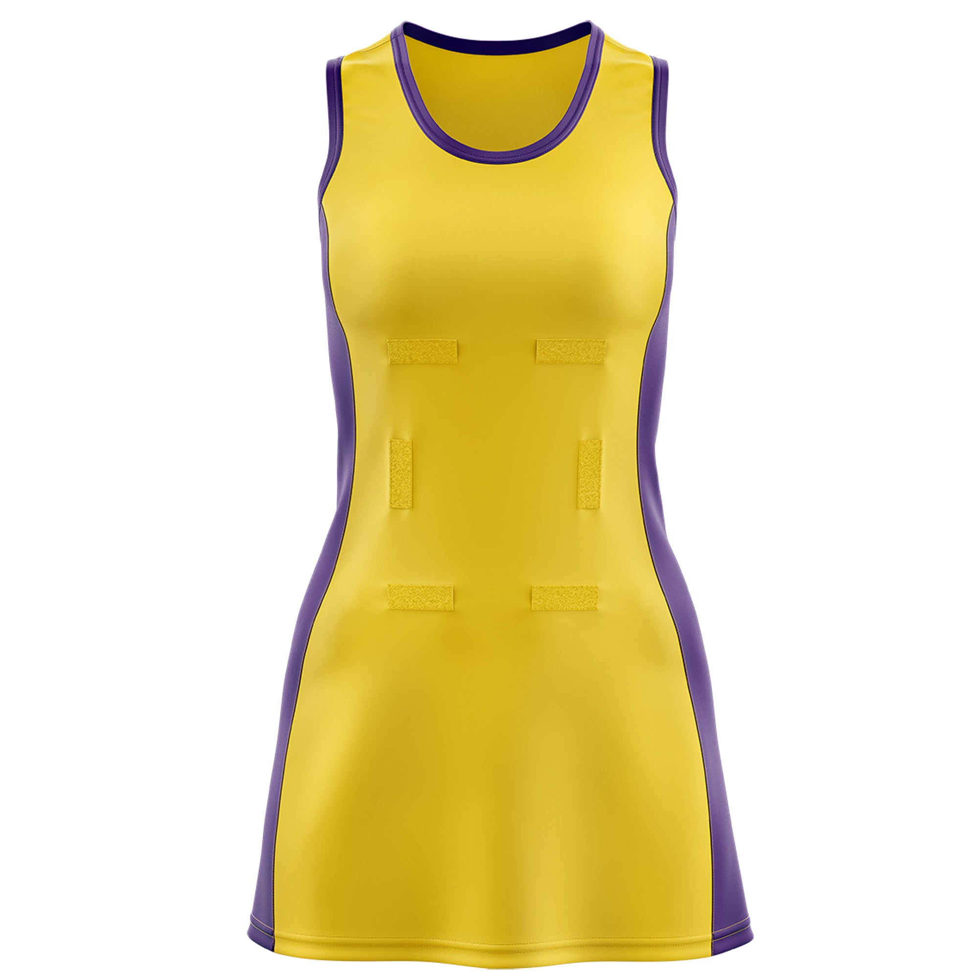 Custom Gold Purple Color Block Two Tone Netball Dresses