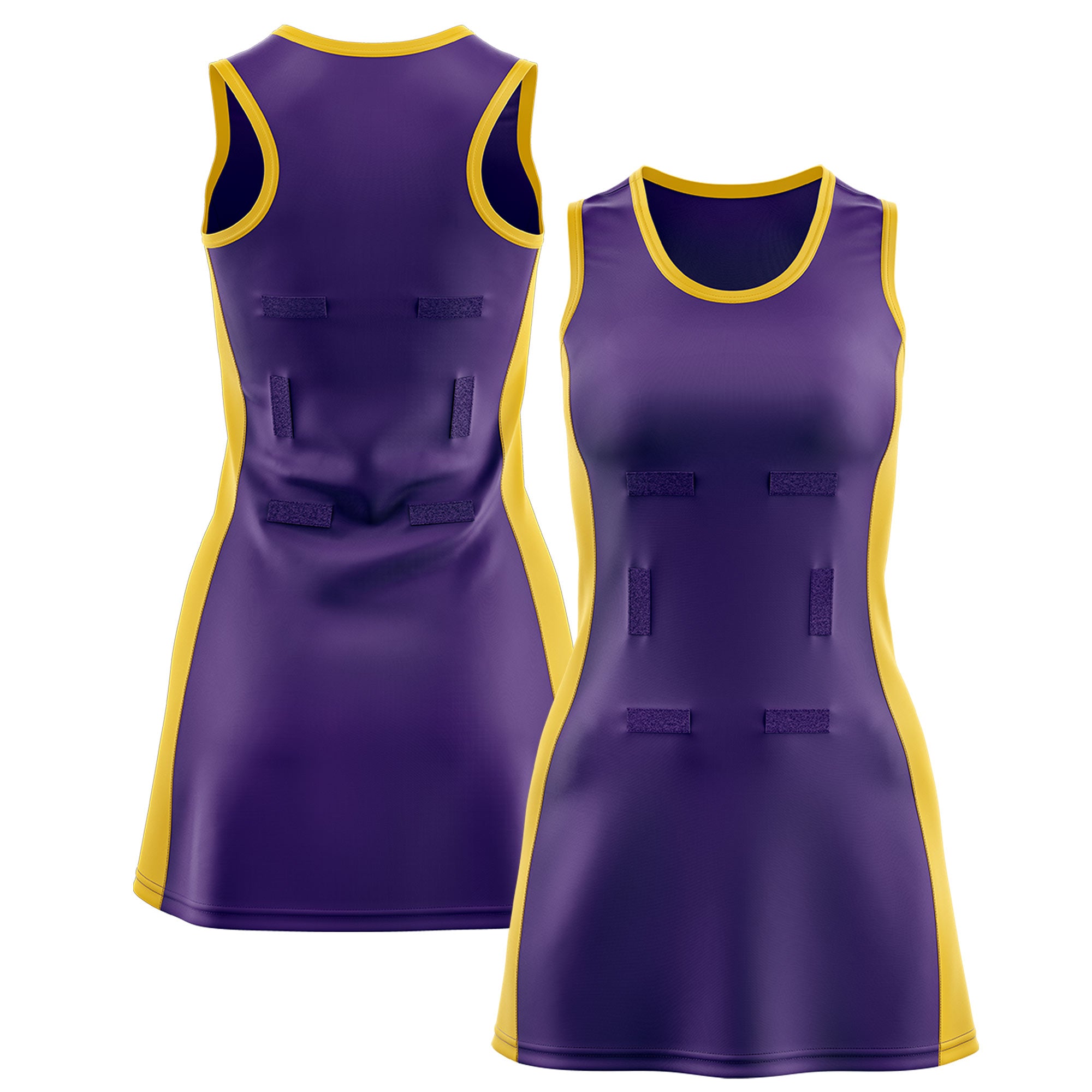 Custom Purple Gold Color Block Two Tone Netball Dresses