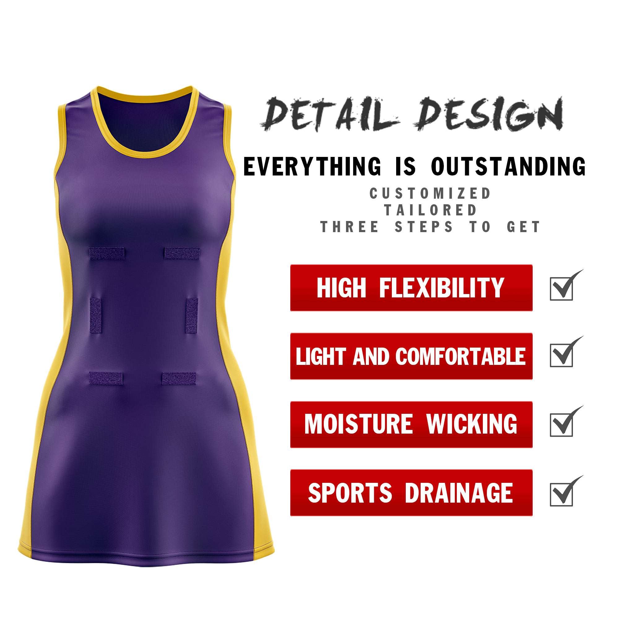 Custom Purple Gold Color Block Two Tone Netball Dresses