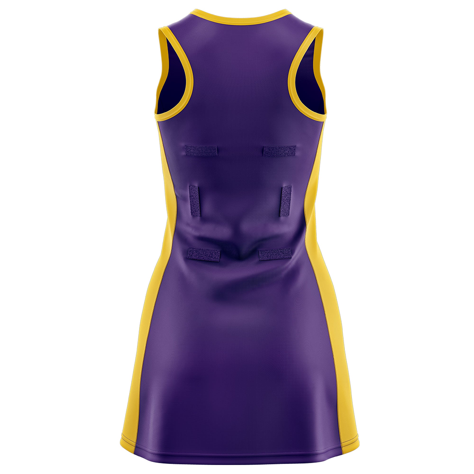 Custom Purple Gold Color Block Two Tone Netball Dresses
