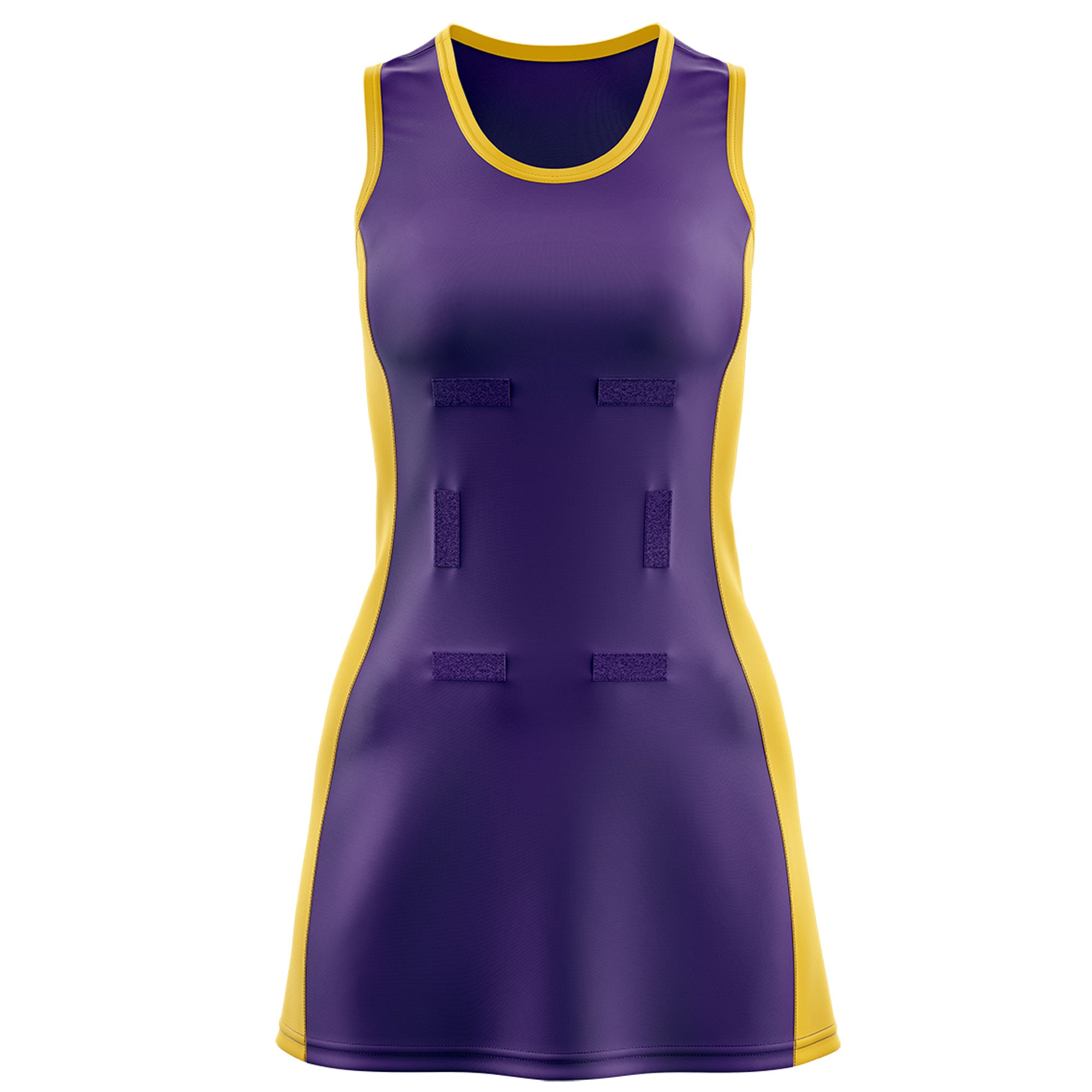 Custom Purple Gold Color Block Two Tone Netball Dresses