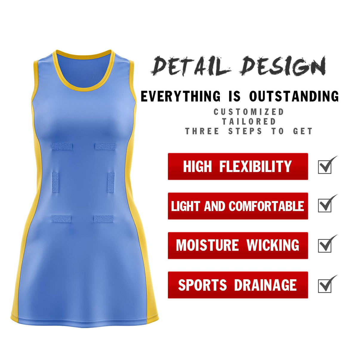 Custom Powder Blue Gold Color Block Two Tone Netball Dresses