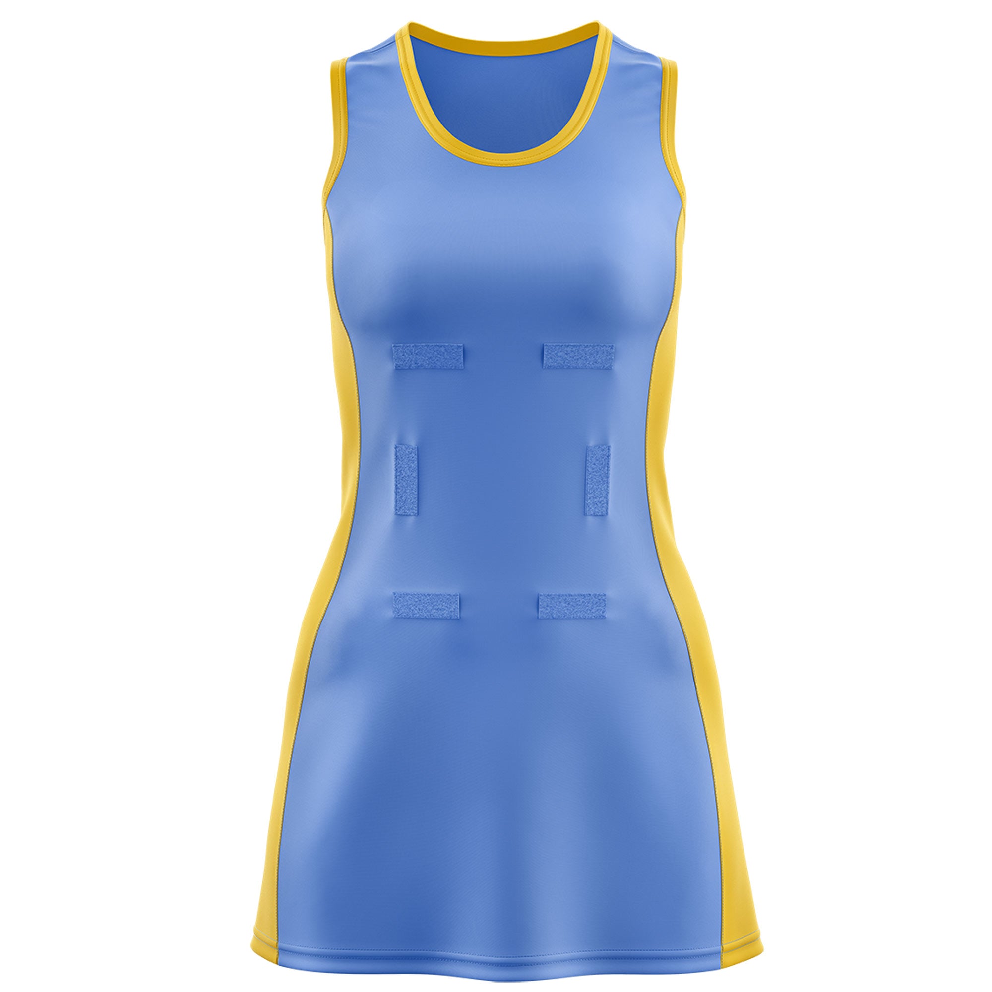 Custom Powder Blue Gold Color Block Two Tone Netball Dresses