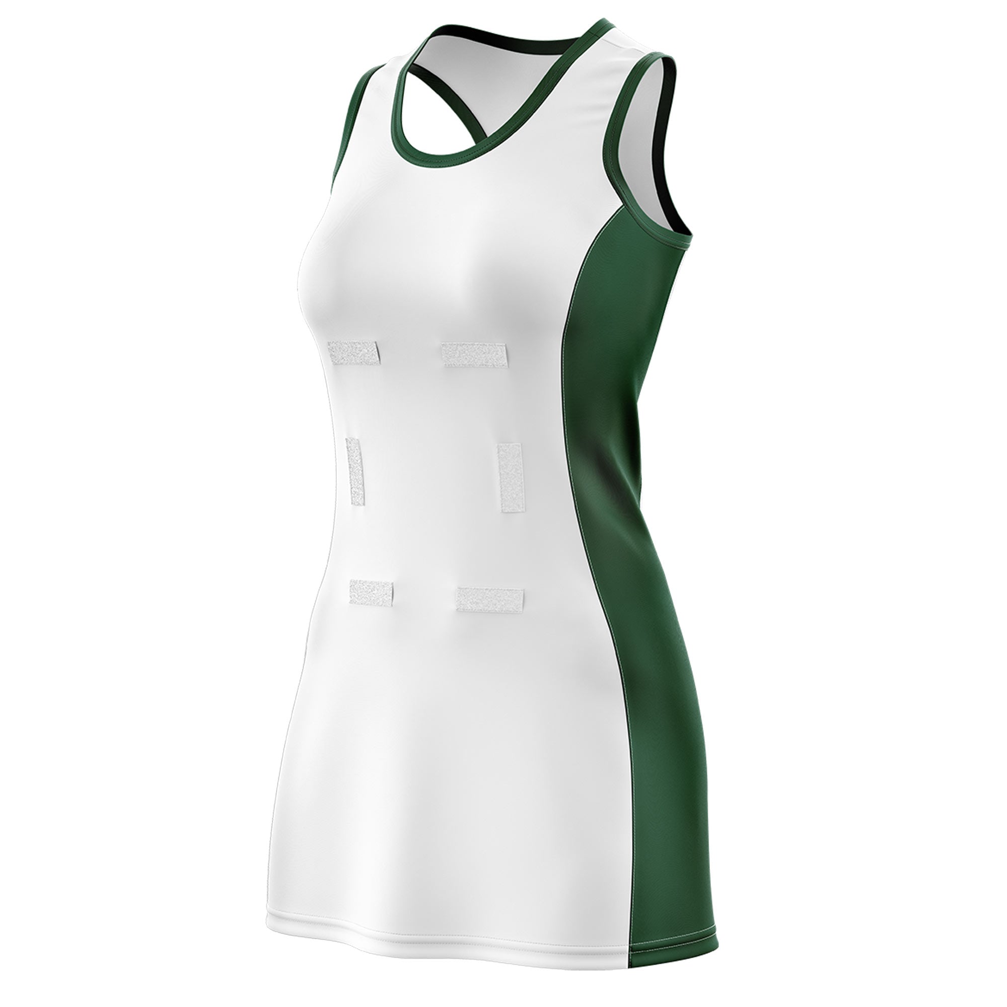 Custom White Hunter Green Color Block Two Tone Netball Dresses