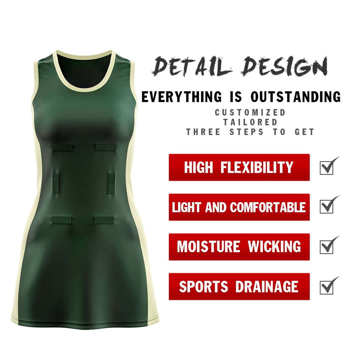 Custom Hunter Green Cream Color Block Two Tone Netball Dresses