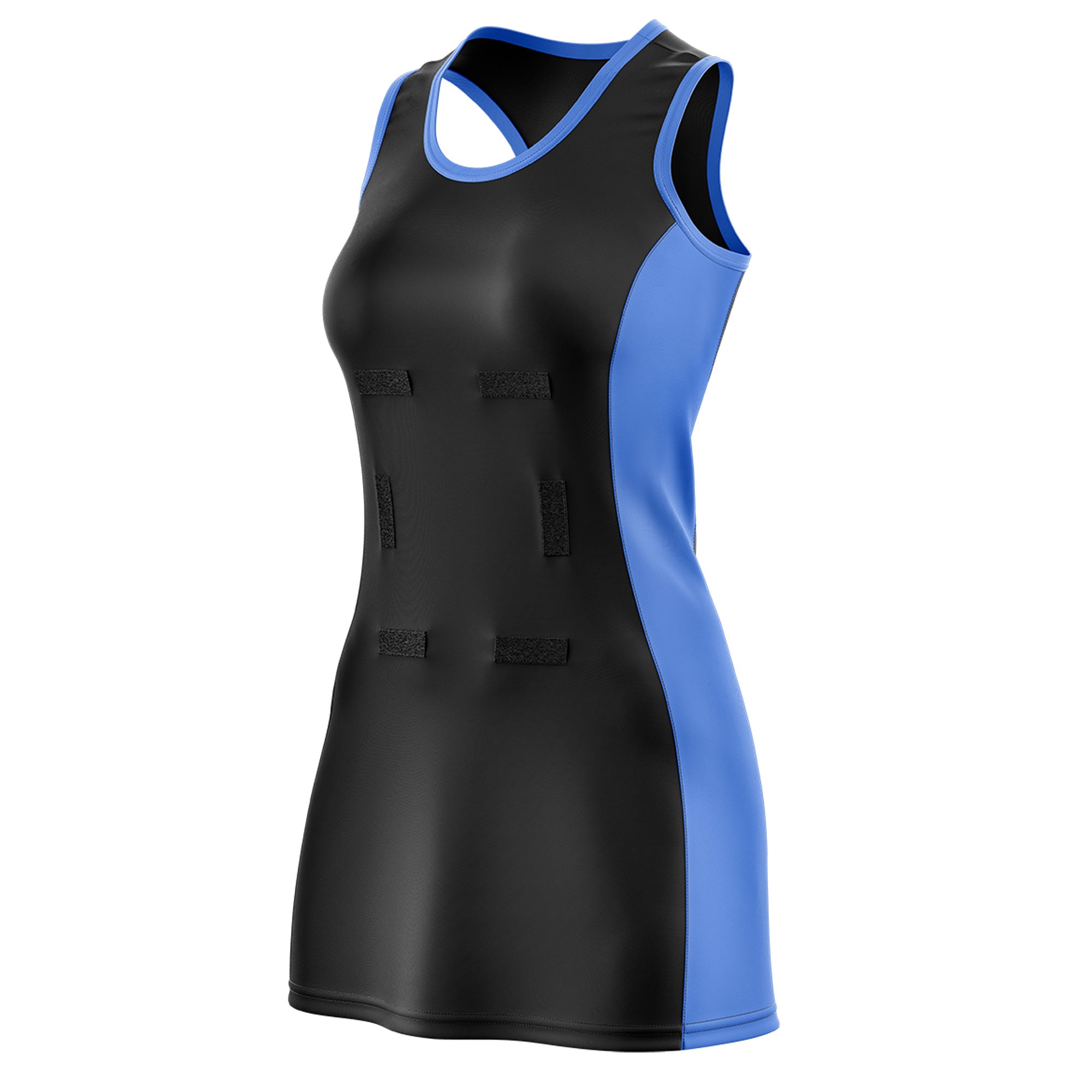 Custom Black Powder Blue Color Block Two Tone Netball Dresses