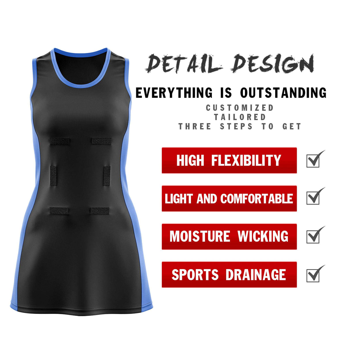 Custom Black Powder Blue Color Block Two Tone Netball Dresses