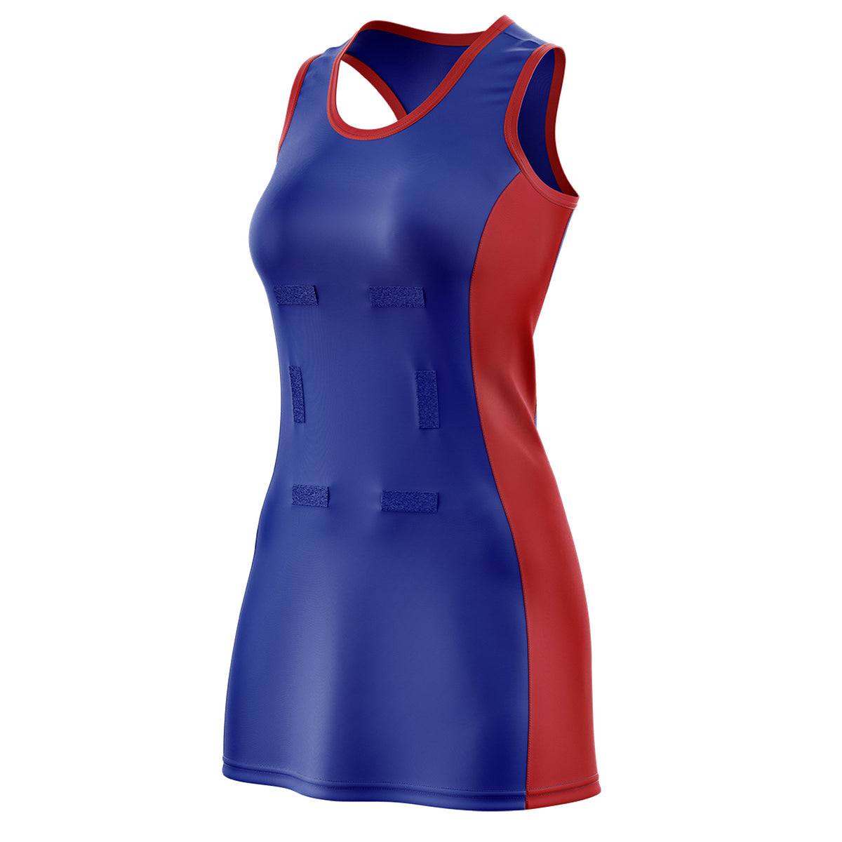 Custom Royal Blue Red Color Block Two Tone Netball Dresses