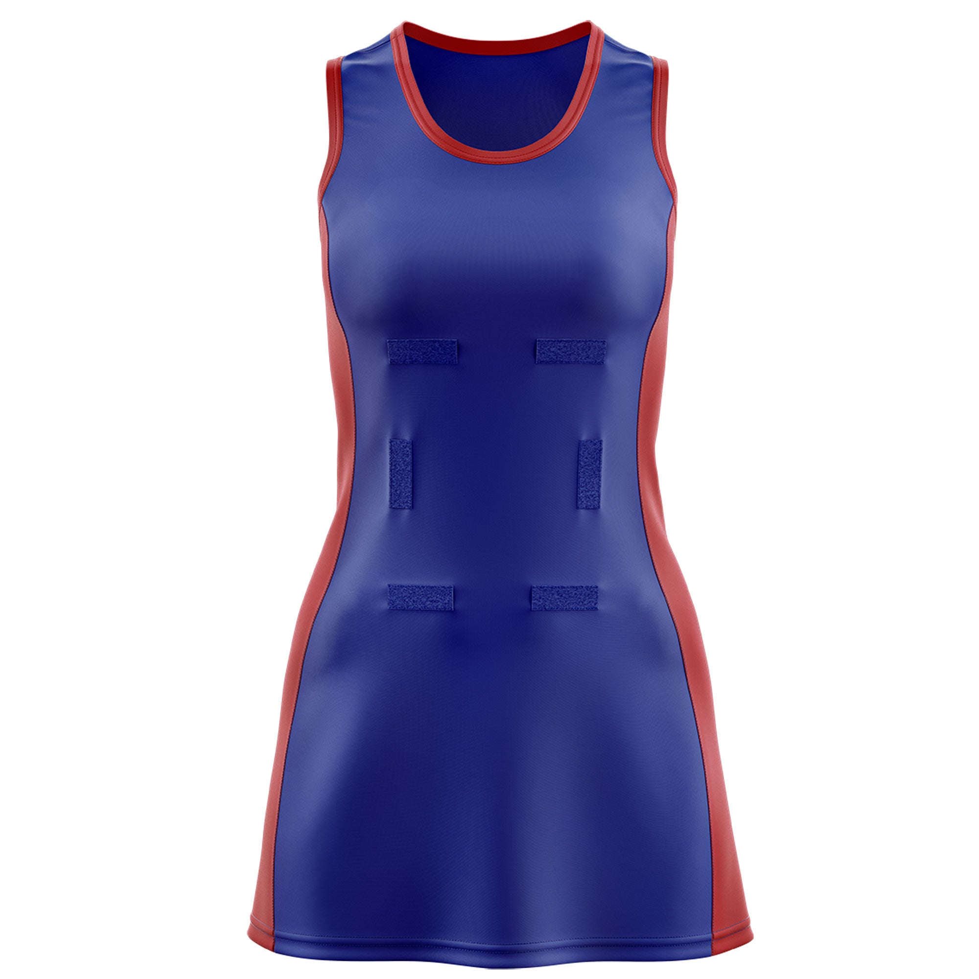 Custom Royal Blue Red Color Block Two Tone Netball Dresses