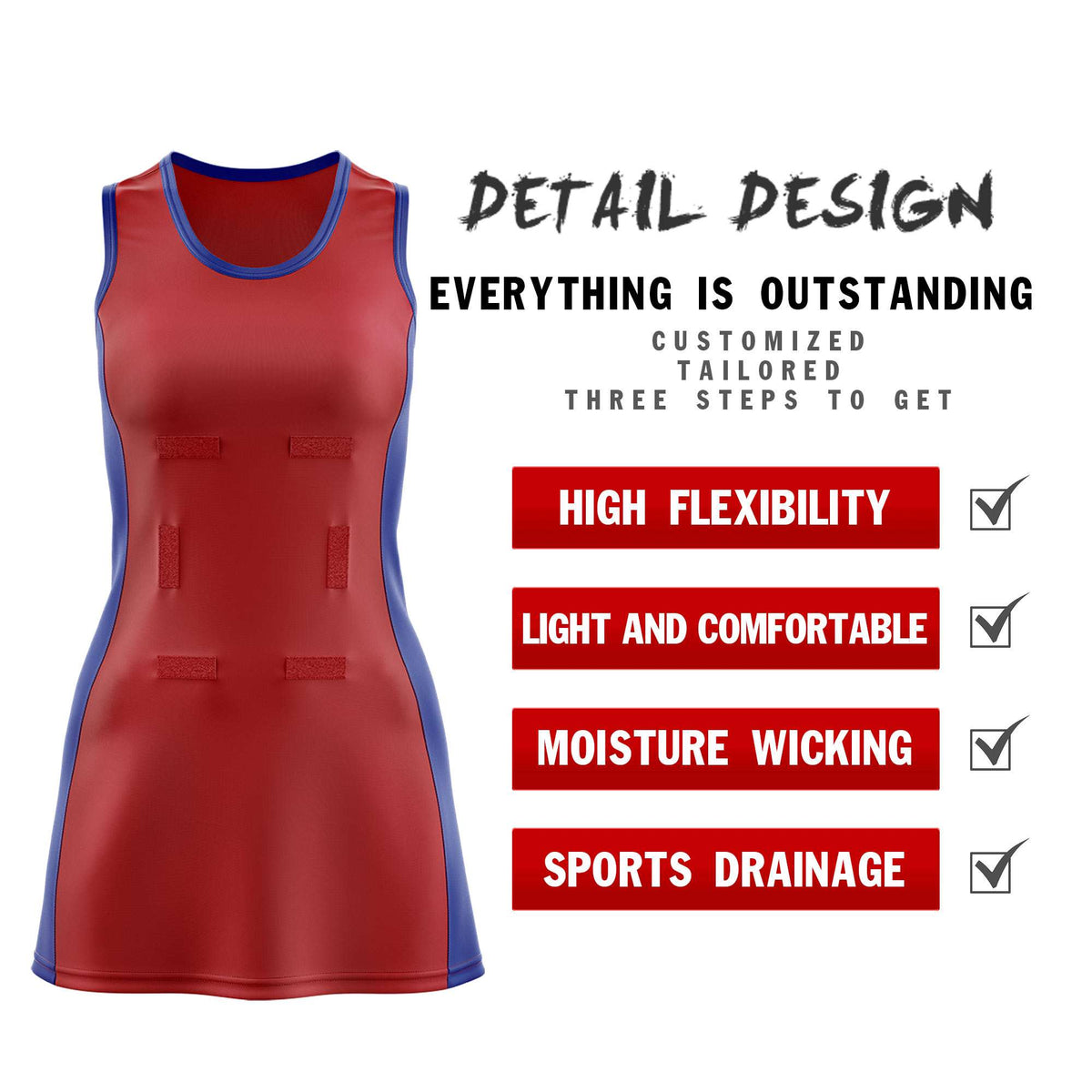 Custom Red Royal Blue Color Block Two Tone Netball Dresses