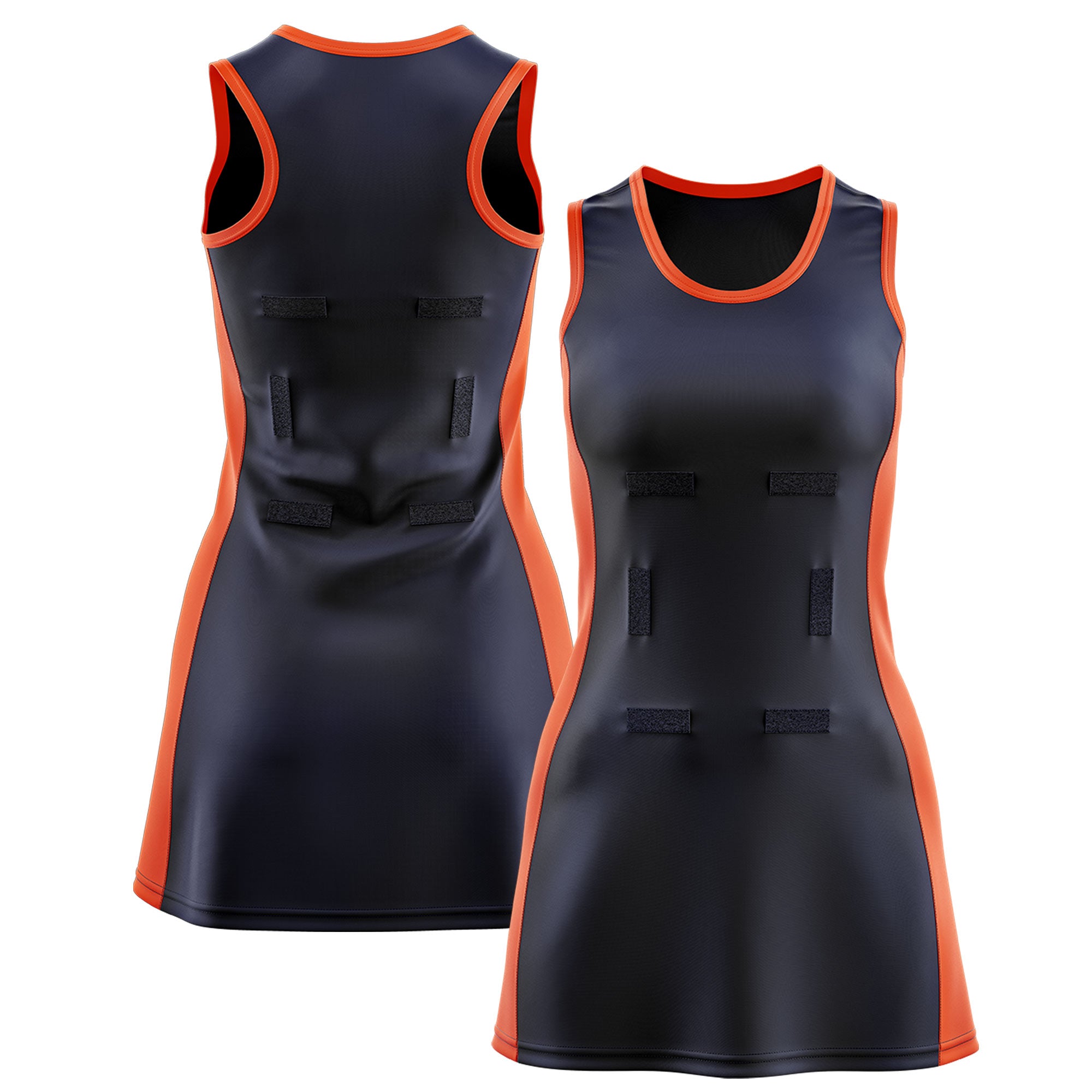 Custom Navy Orange Color Block Two Tone Netball Dresses