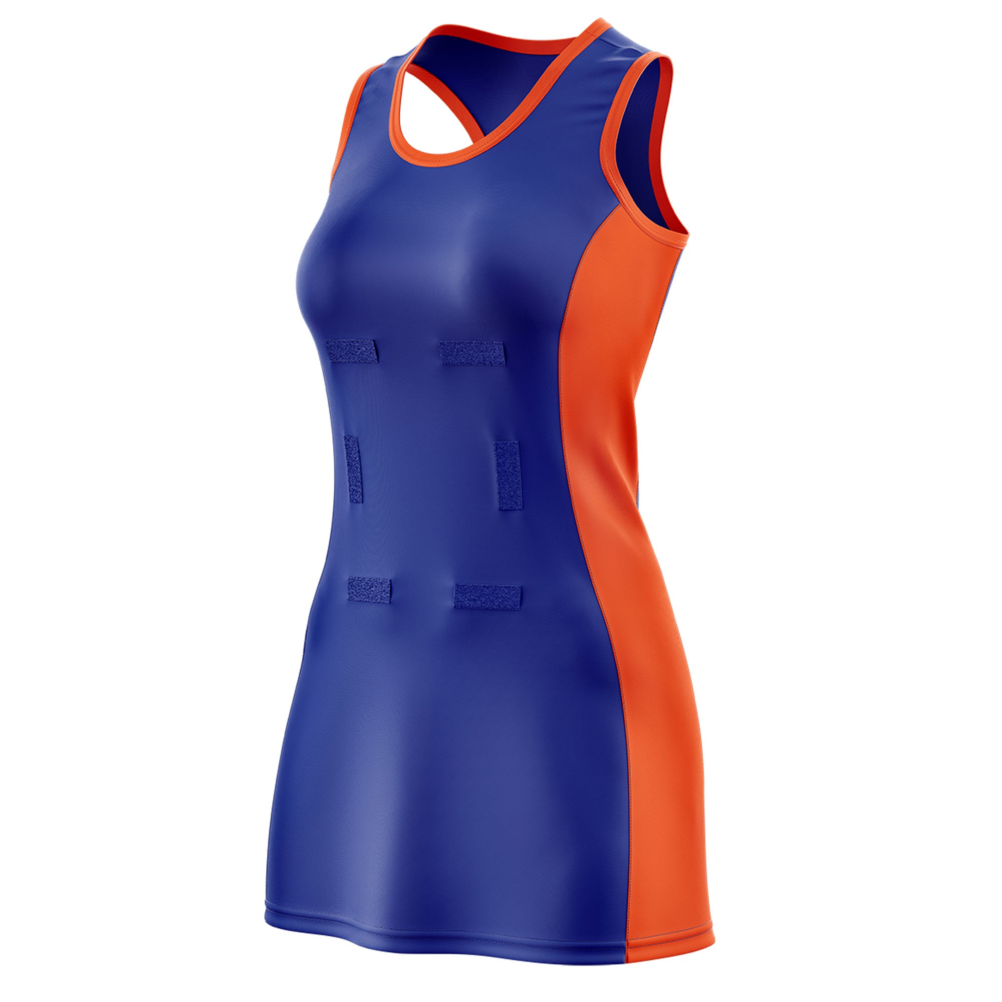 Custom Royal Blue Orange Color Block Two Tone Netball Dresses