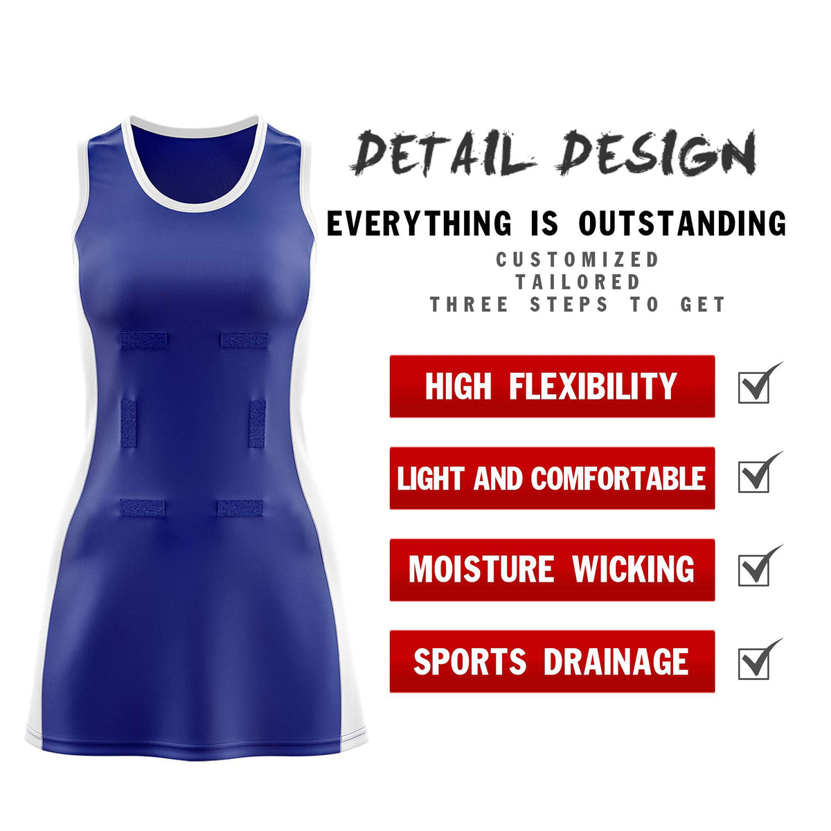 Custom Royal Blue White Color Block Two Tone Netball Dresses