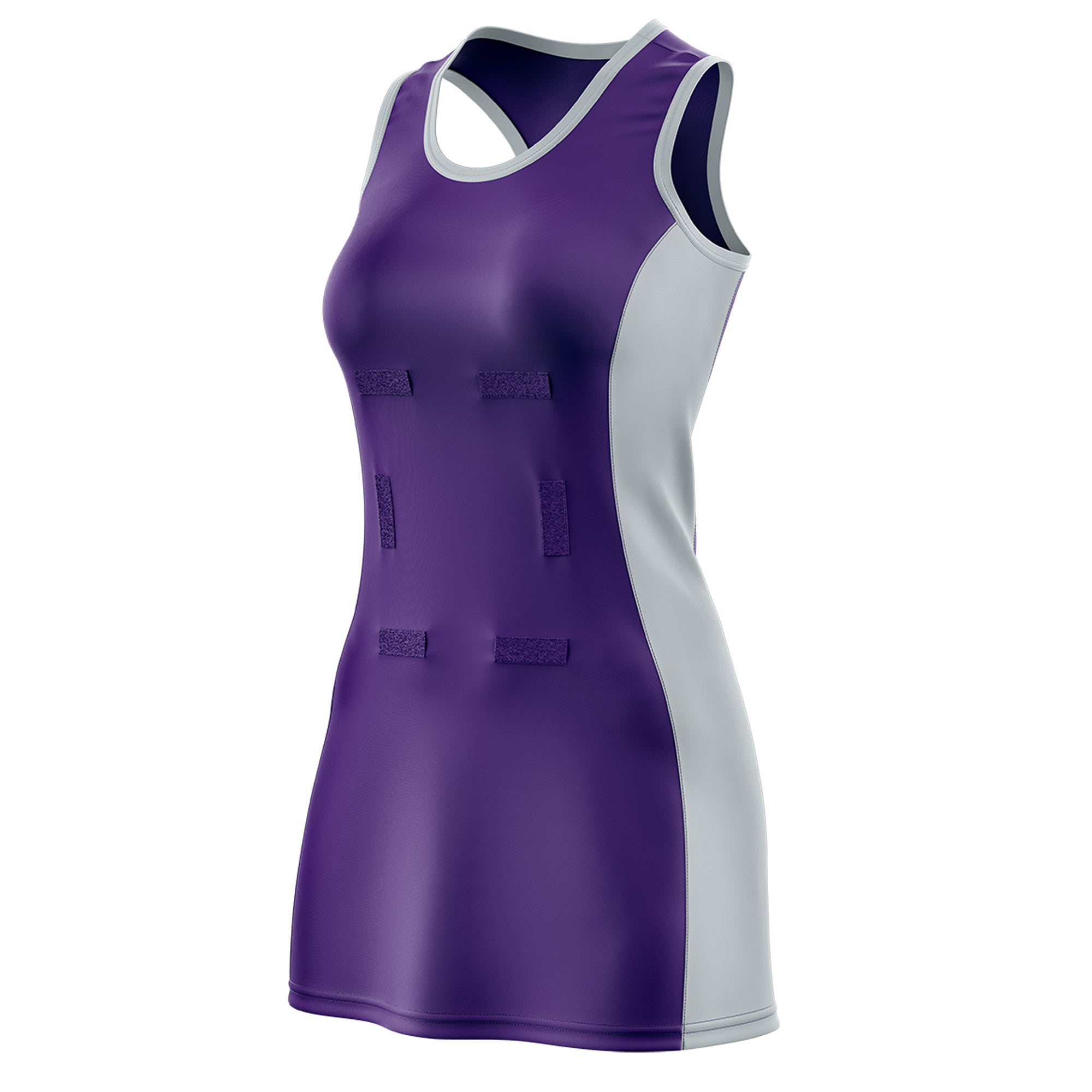Custom Purple Silver Color Block Two Tone Netball Dresses