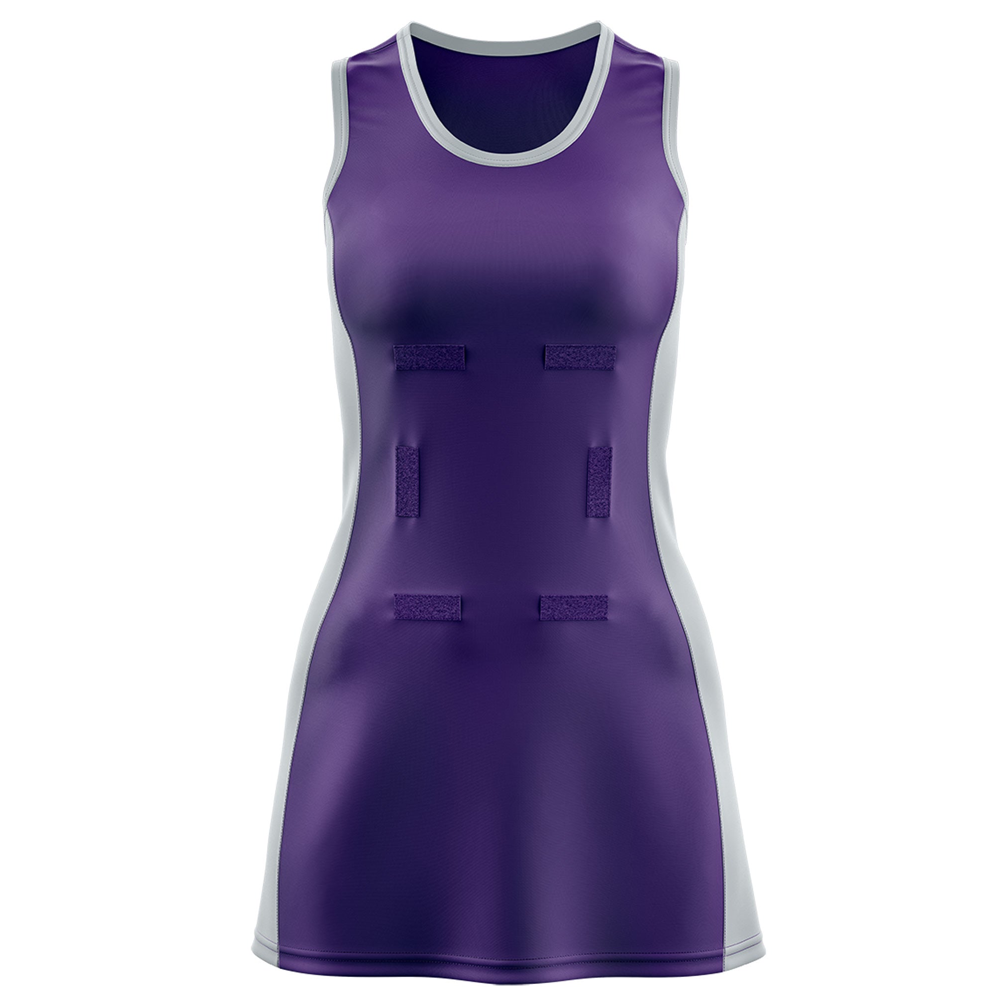 Custom Purple Silver Color Block Two Tone Netball Dresses