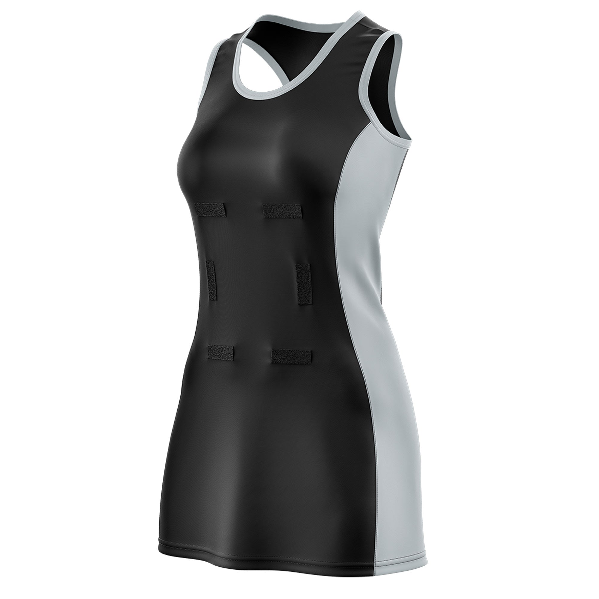 Custom Black Silver Color Block Two Tone Netball Dresses