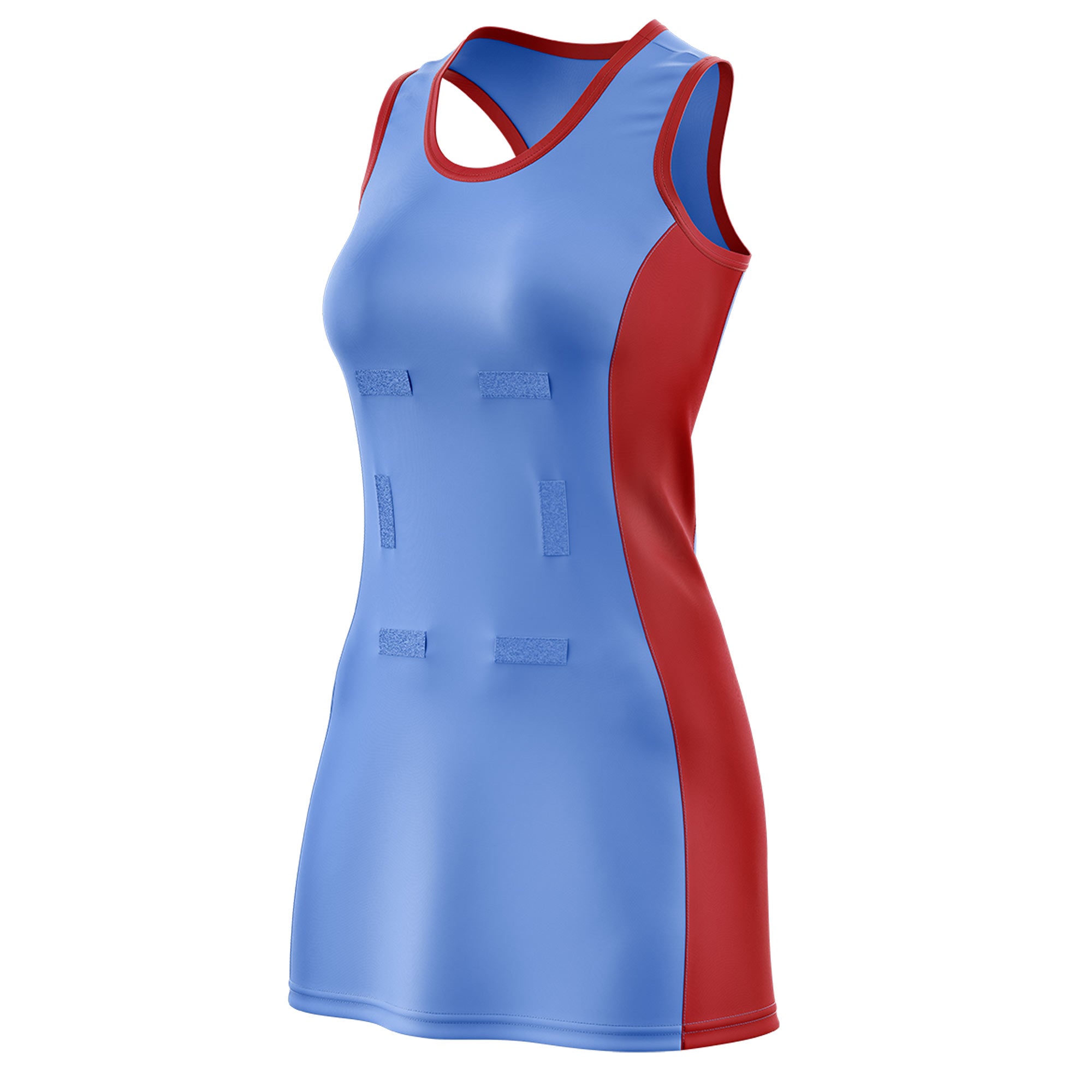 Custom Powder Blue Red Color Block Two Tone Netball Dresses