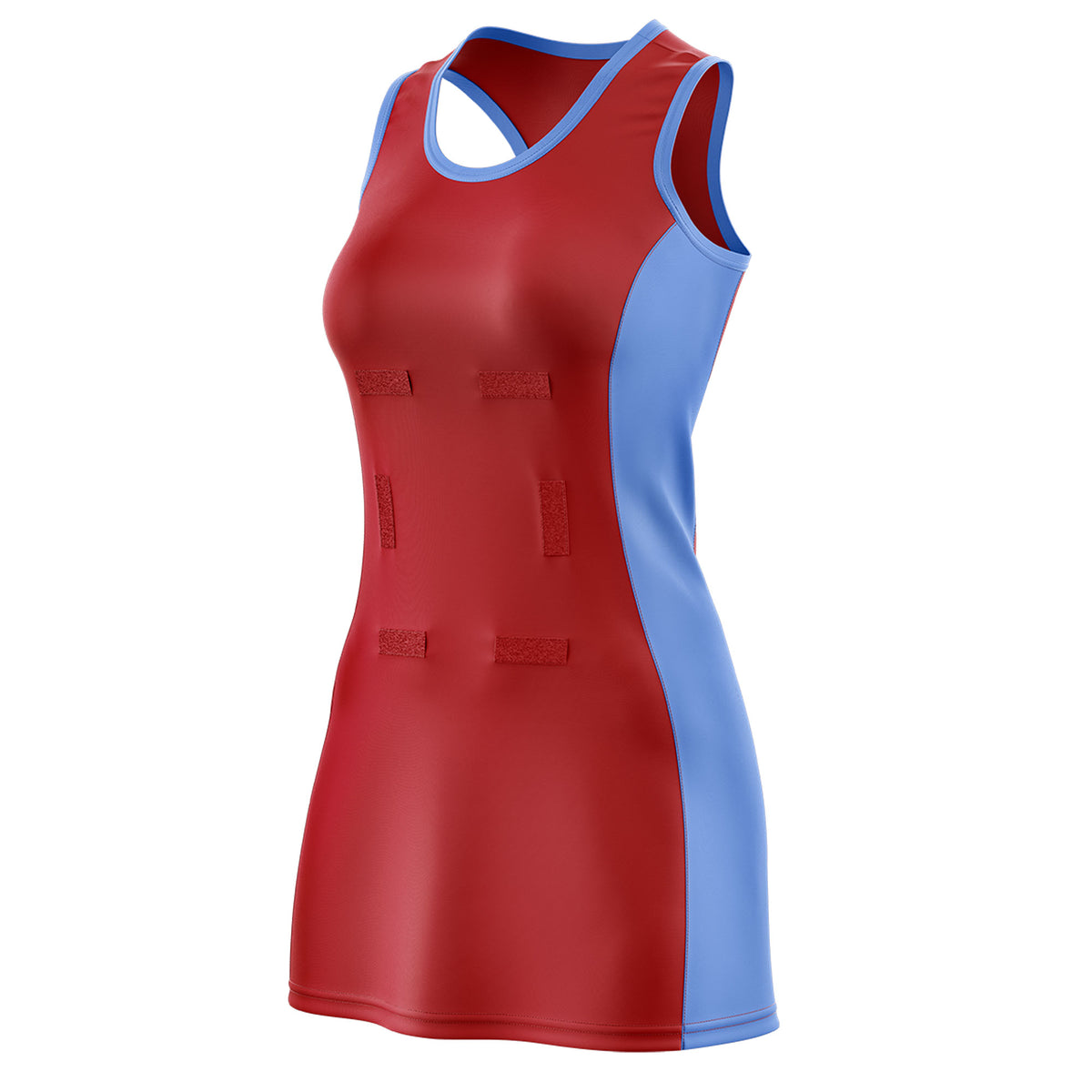 Custom Red Powder Blue Color Block Two Tone Netball Dresses