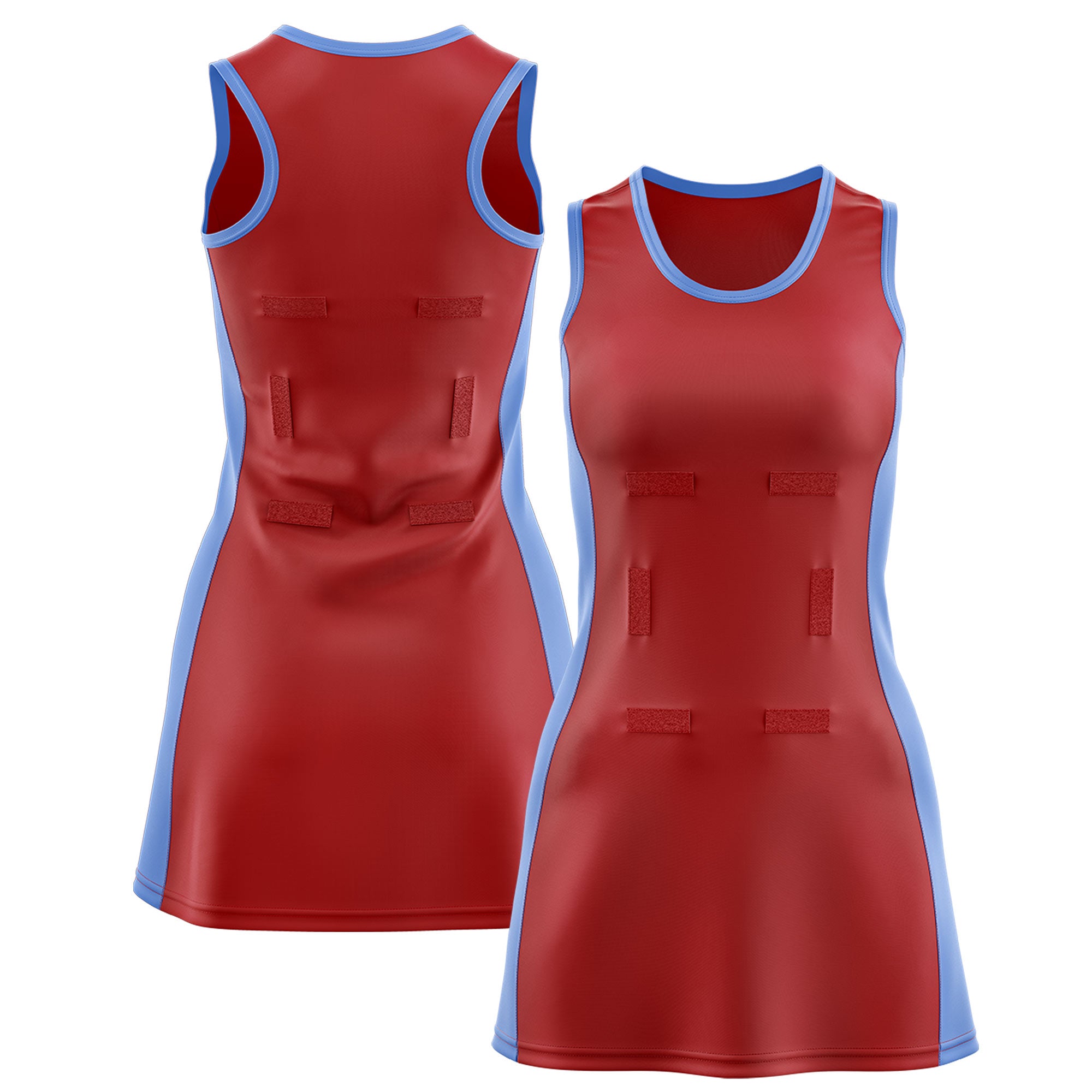 Custom Red Powder Blue Color Block Two Tone Netball Dresses