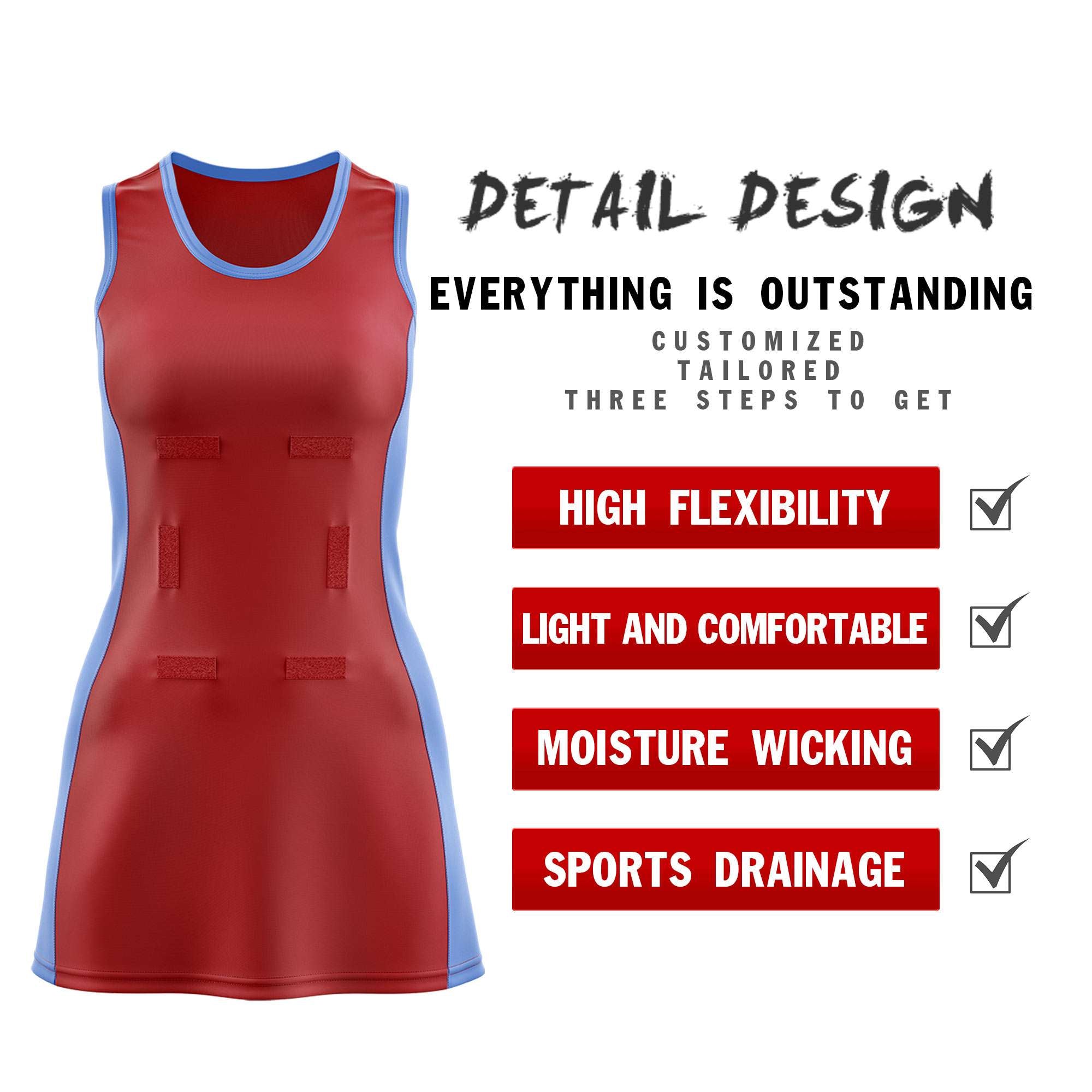 Custom Red Powder Blue Color Block Two Tone Netball Dresses