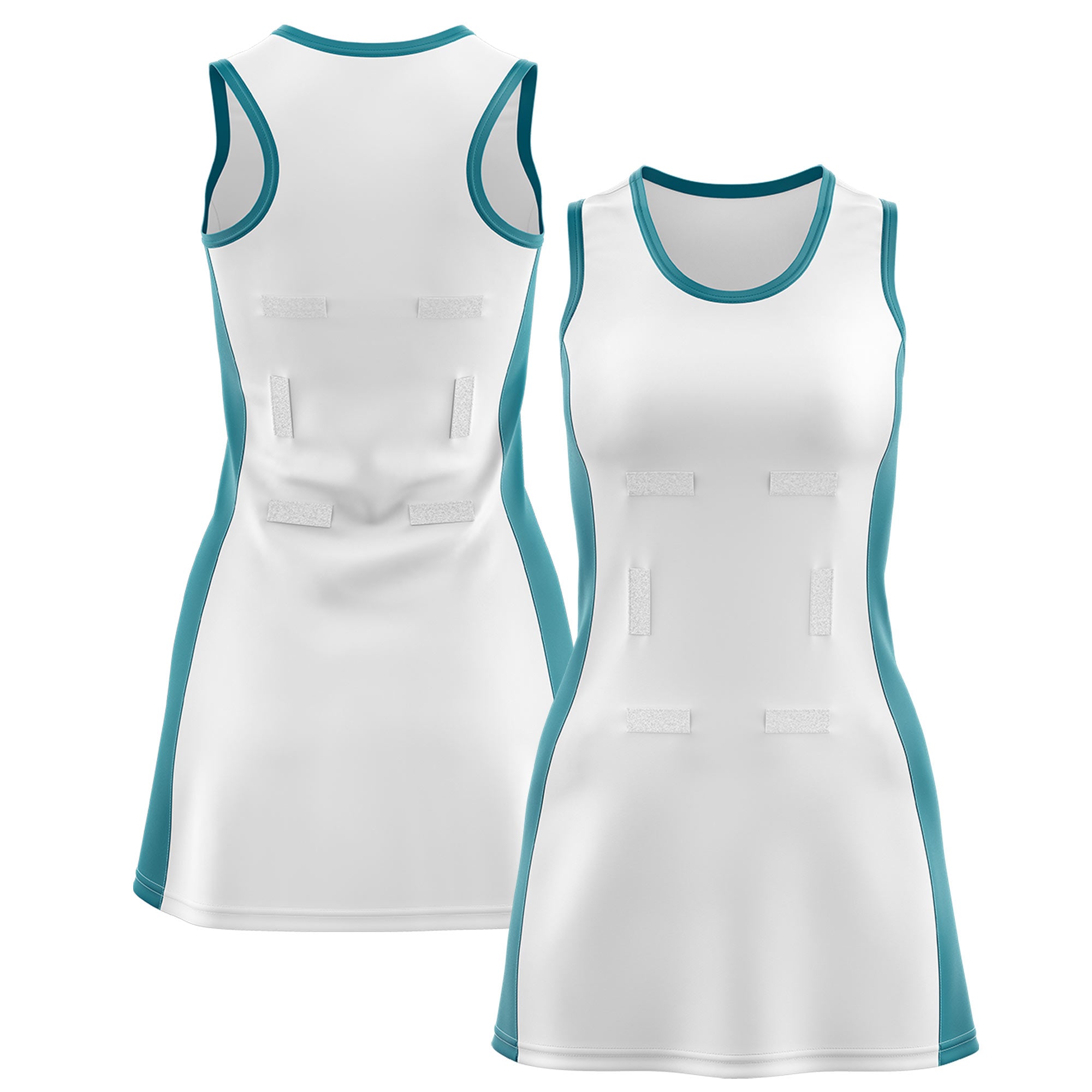 Custom White Teal Color Block Two Tone Netball Dresses