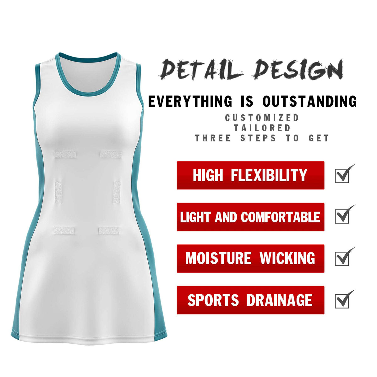 Custom White Teal Color Block Two Tone Netball Dresses