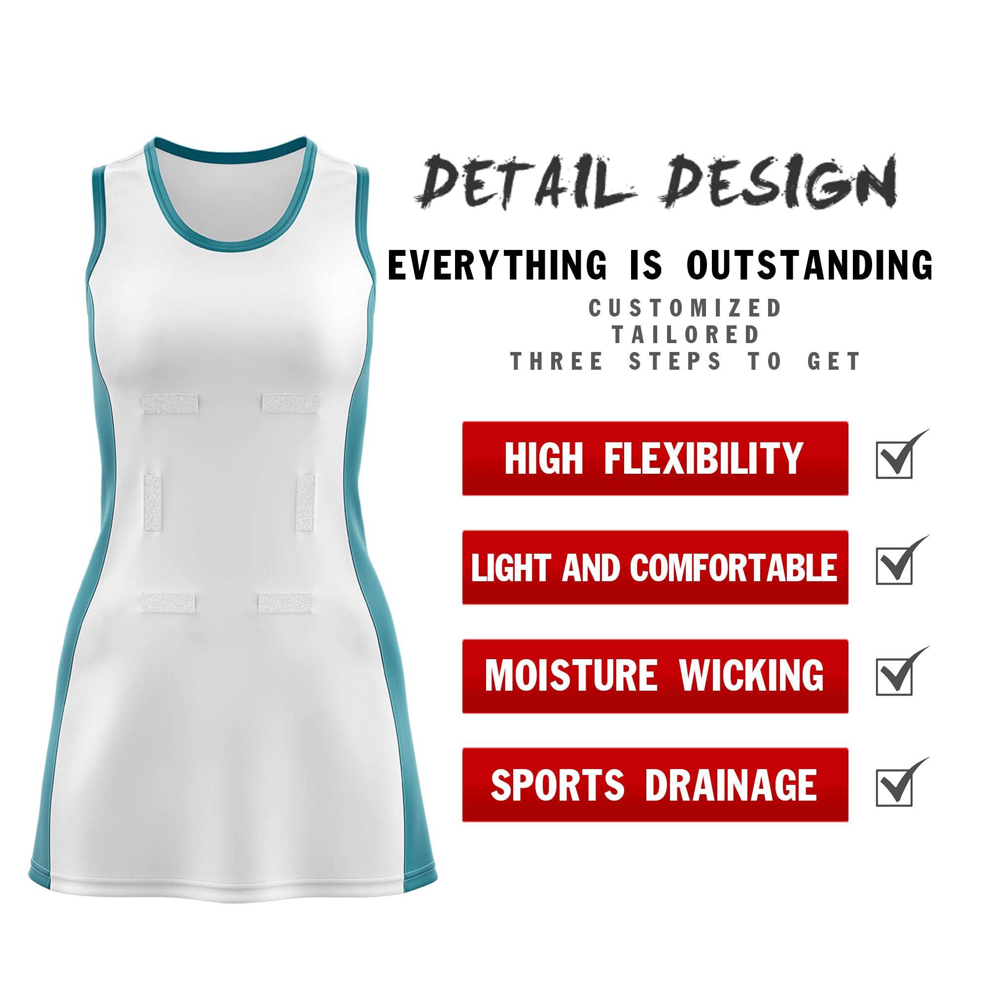 Custom White Teal Color Block Two Tone Netball Dresses