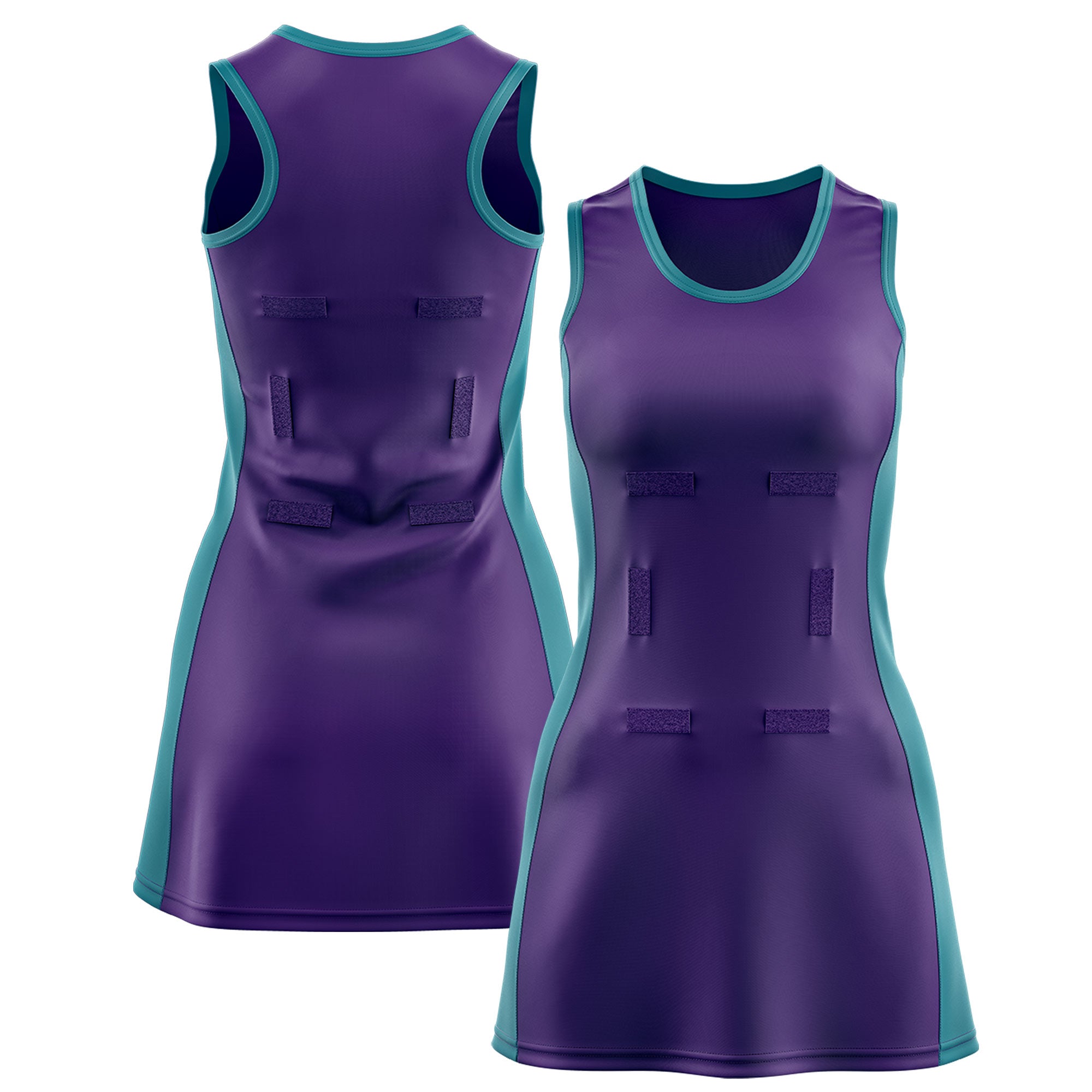 Custom Purple Teal Color Block Two Tone Netball Dresses