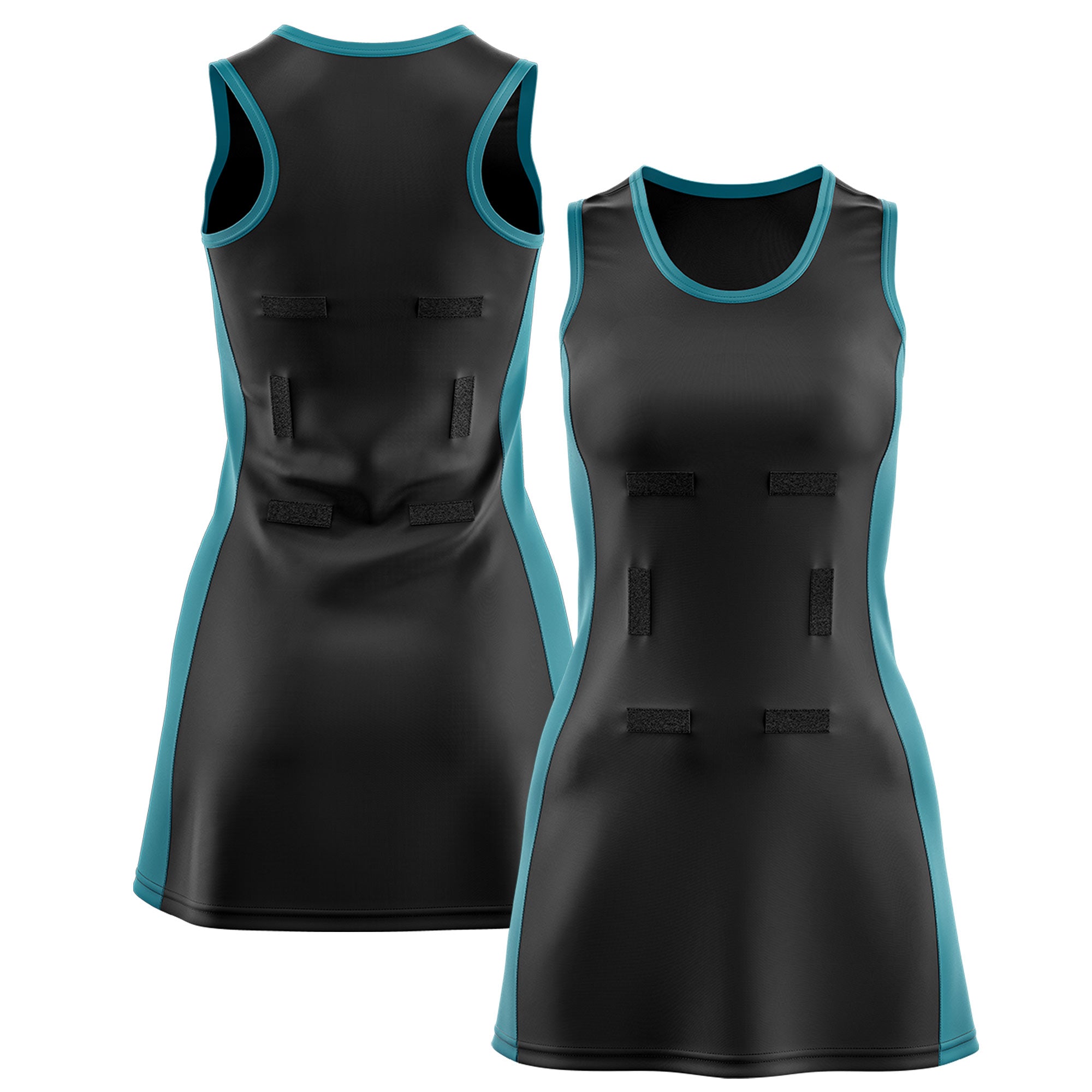 Custom Black Teal Color Block Two Tone Netball Dresses