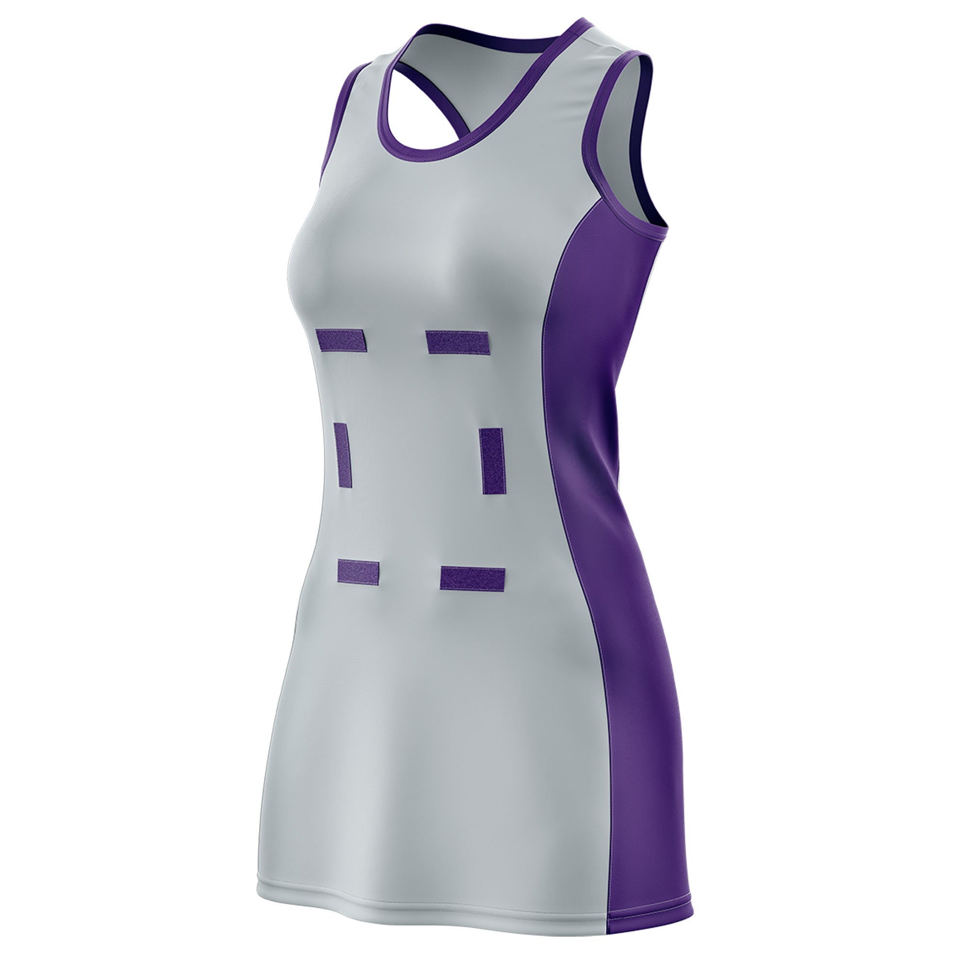 Custom Silver Purple Color Block Two Tone Netball Dresses