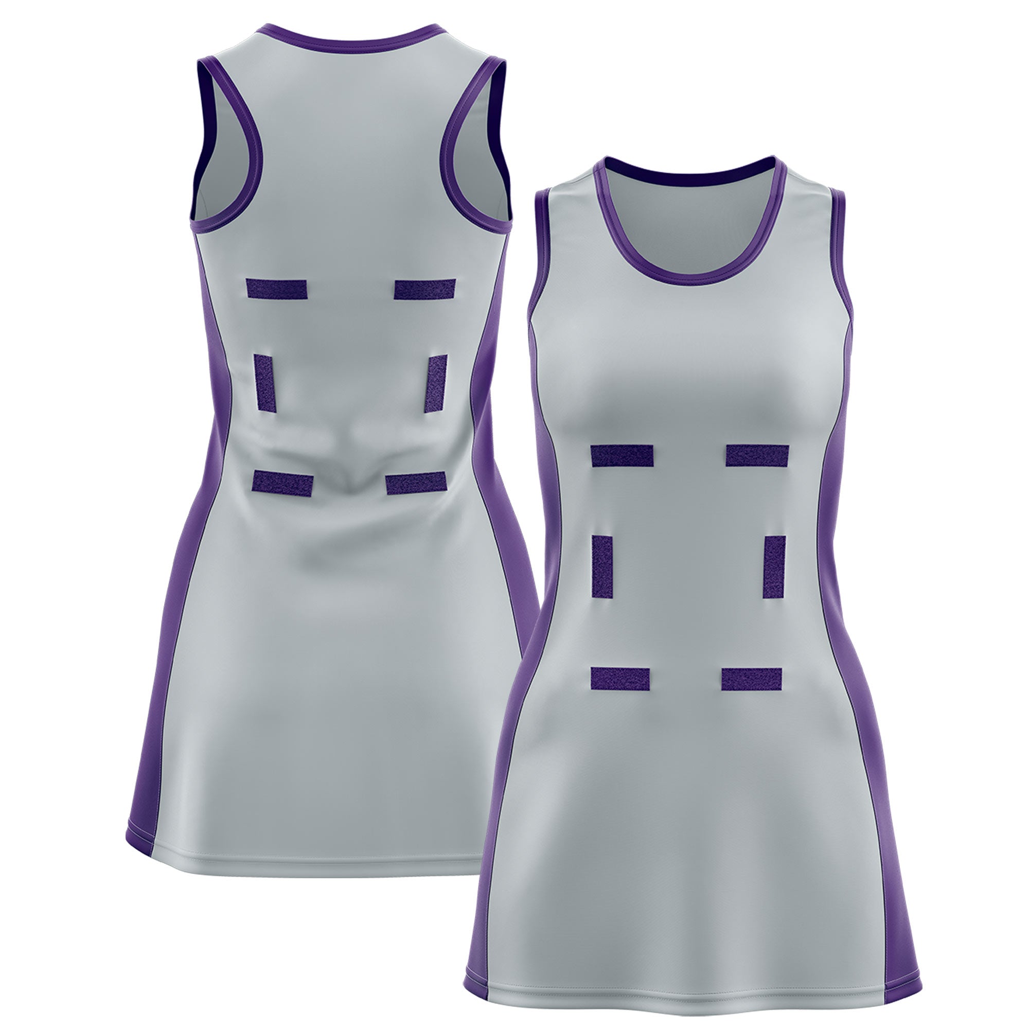 Custom Silver Purple Color Block Two Tone Netball Dresses