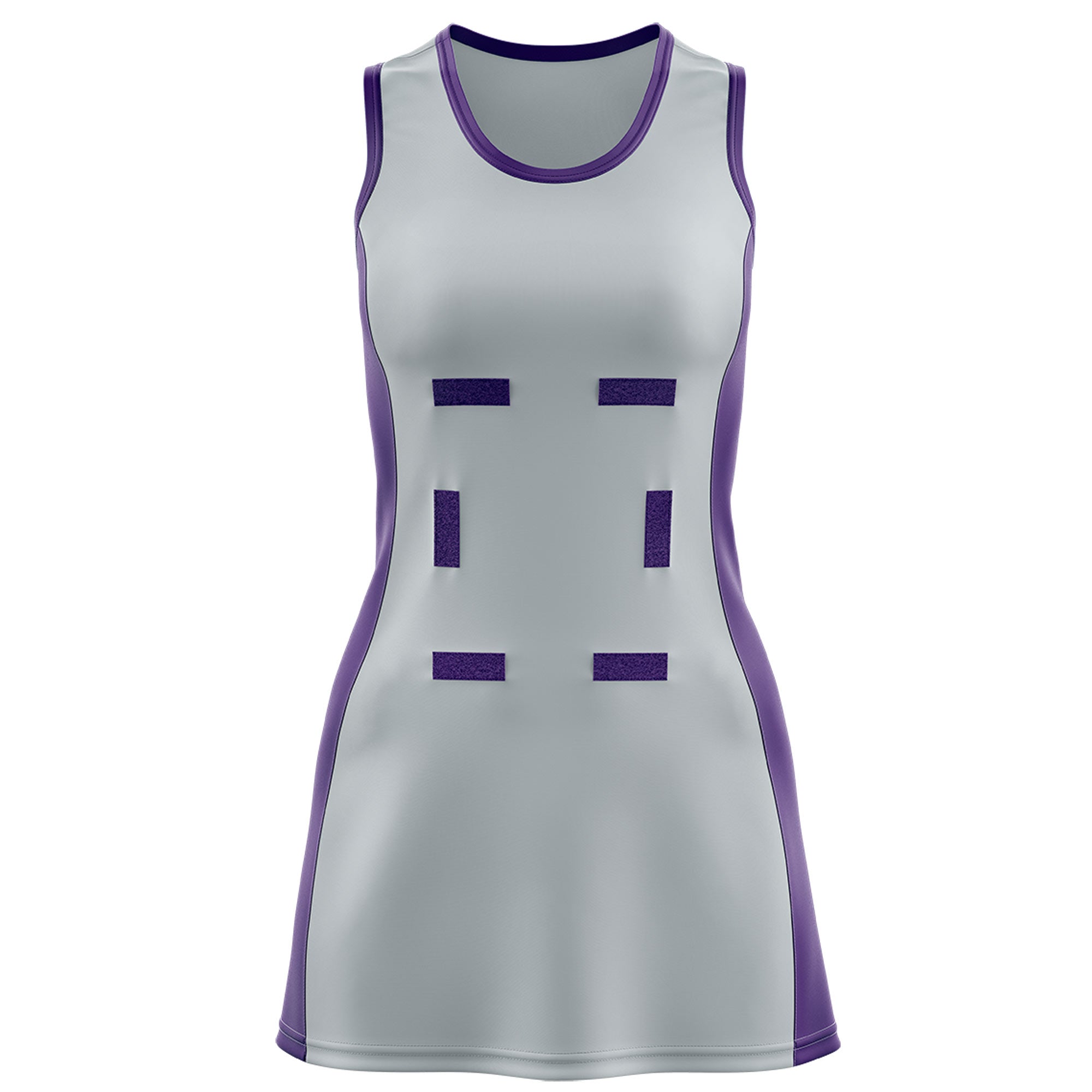 Custom Silver Purple Color Block Two Tone Netball Dresses
