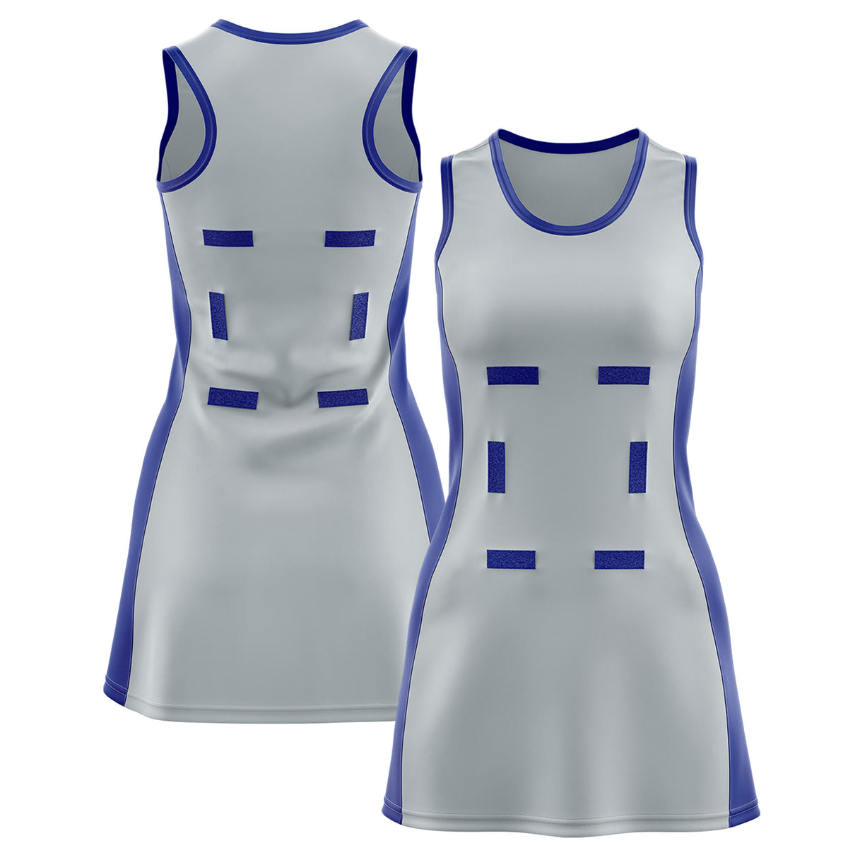 Custom Silver Royal Blue Color Block Two Tone Netball Dresses