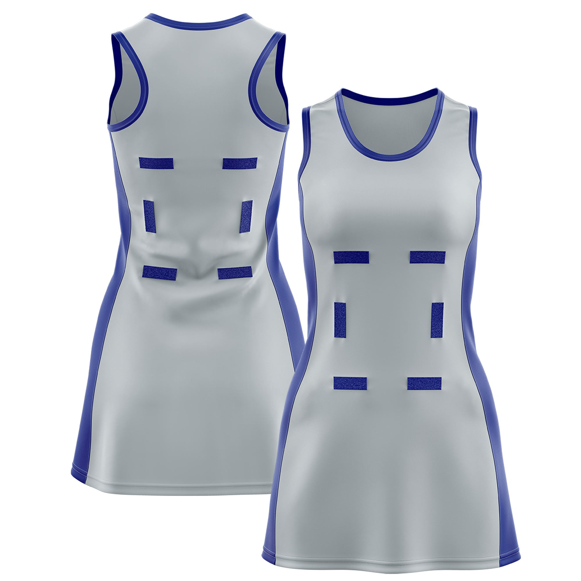 Custom Silver Royal Blue Color Block Two Tone Netball Dresses