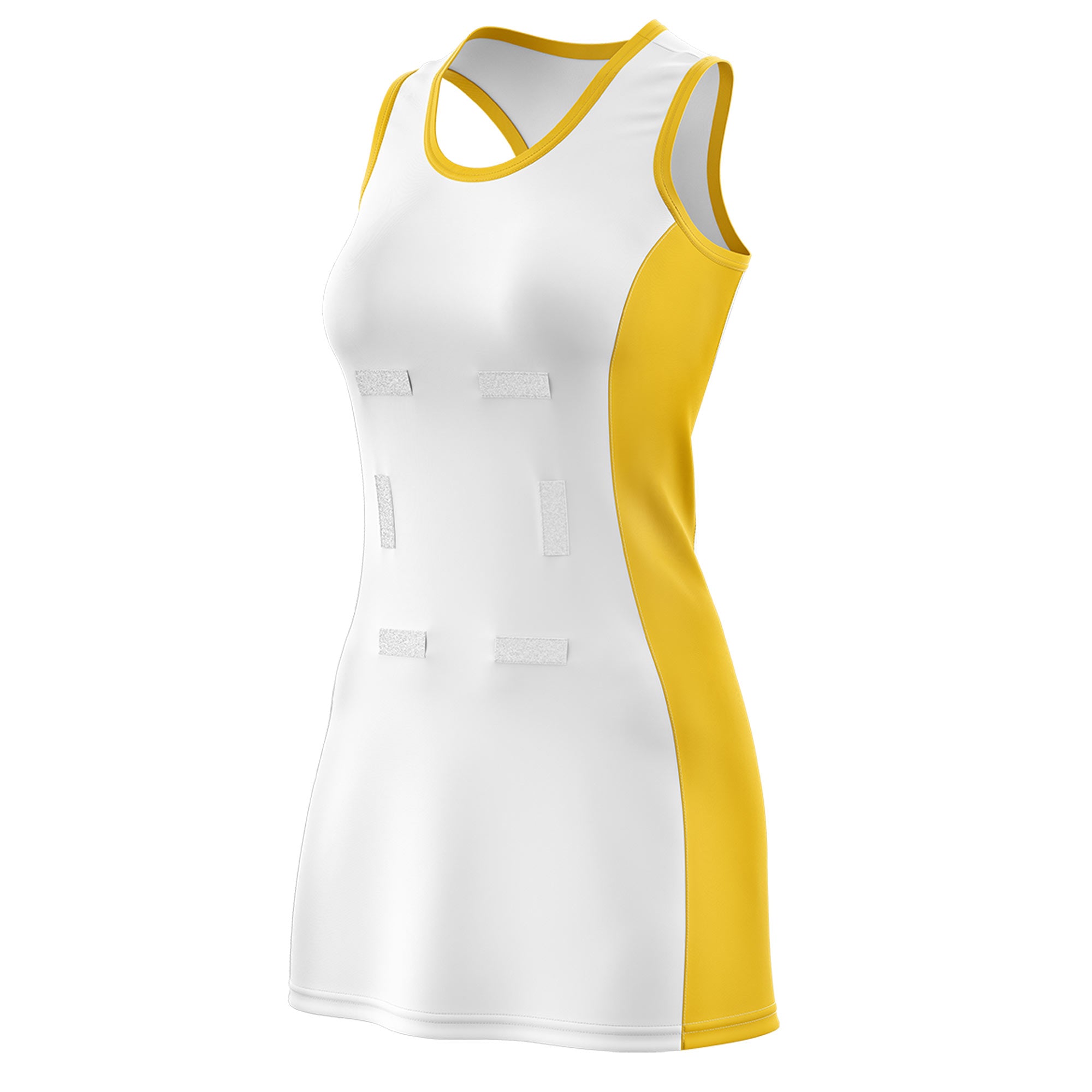 Custom White Gold Color Block Two Tone Netball Dresses