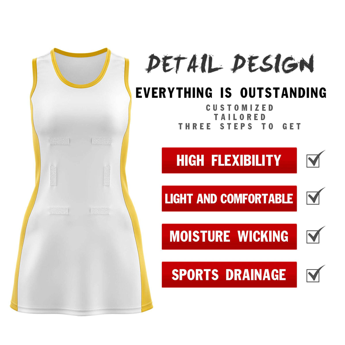 Custom White Gold Color Block Two Tone Netball Dresses