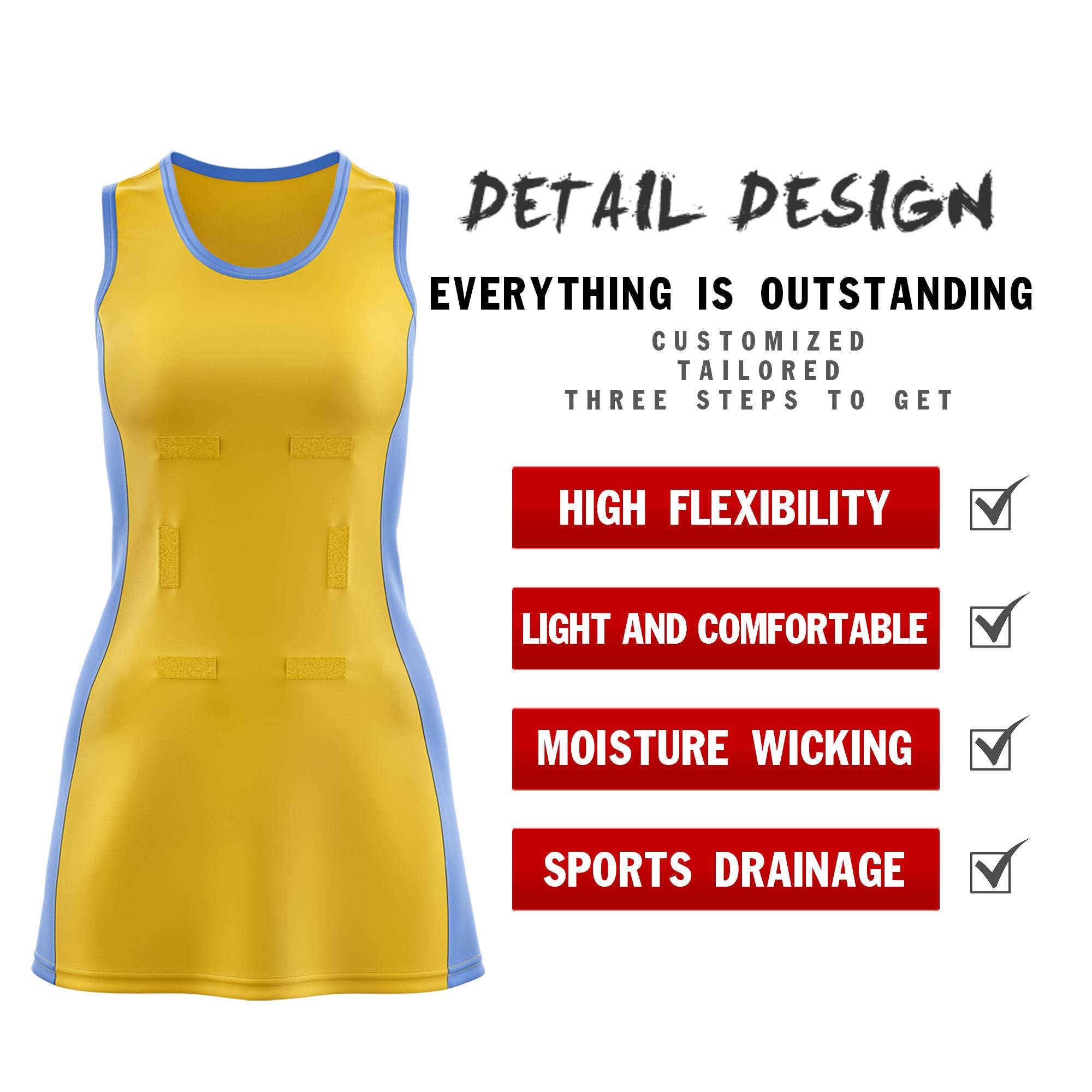 Custom Gold Powder Blue Color Block Two Tone Netball Dresses