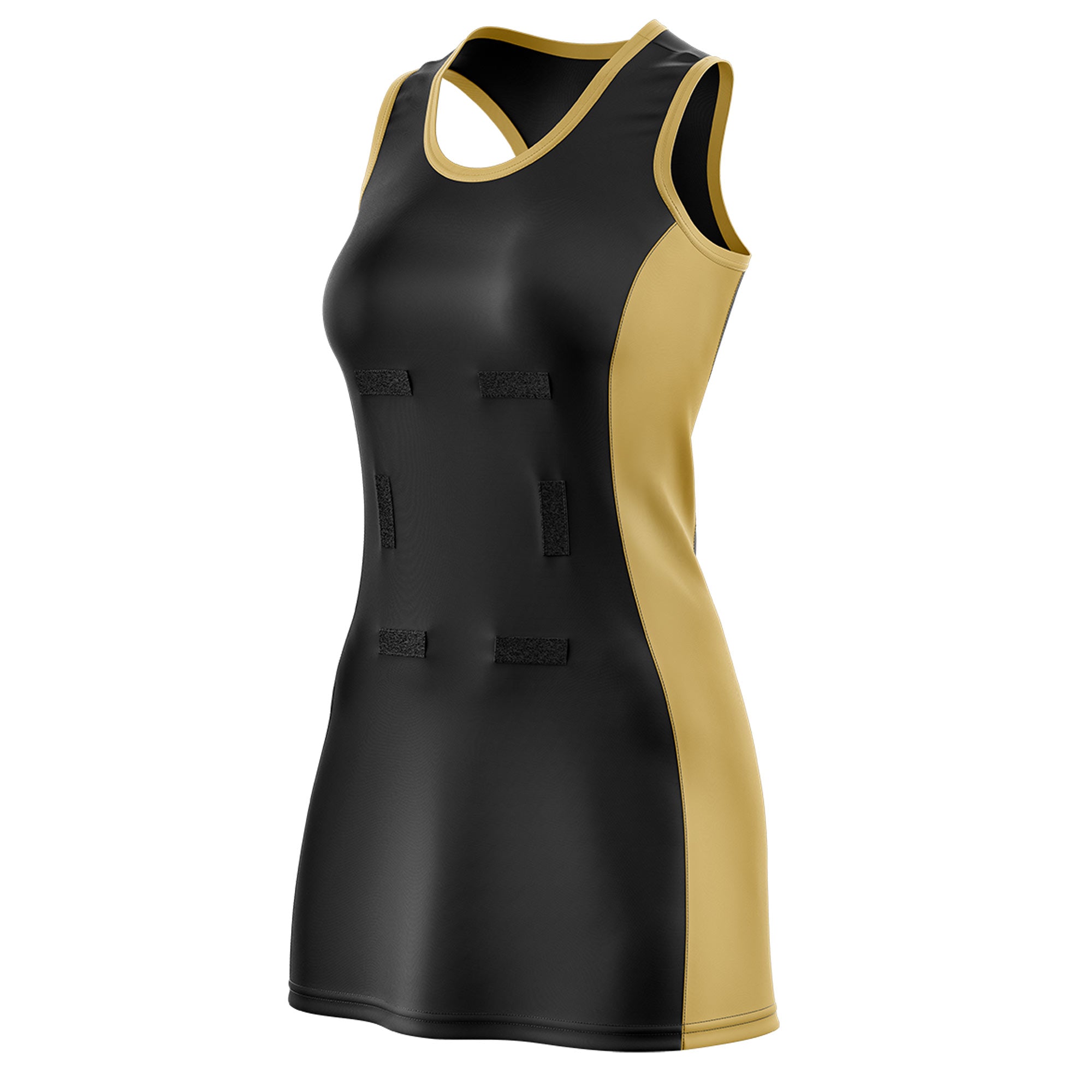 Custom Black Old Gold Color Block Two Tone Netball Dresses