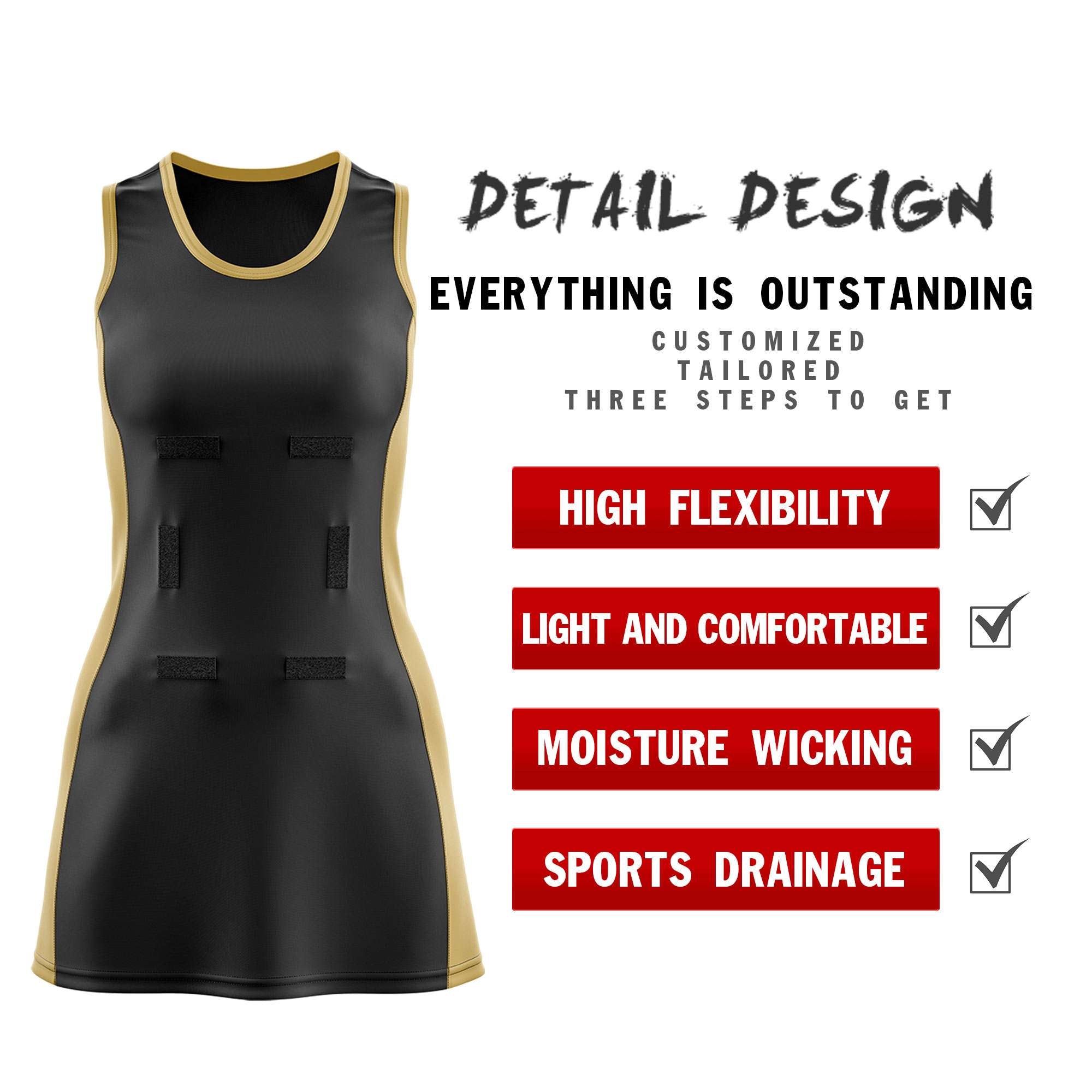 Custom Black Old Gold Color Block Two Tone Netball Dresses
