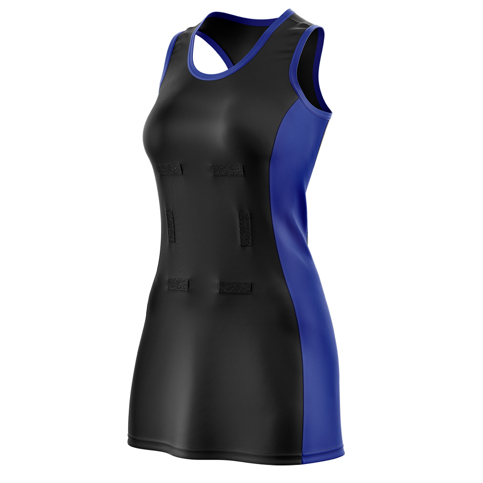 Custom Black Royal Blue Color Block Two Tone Netball Dresses