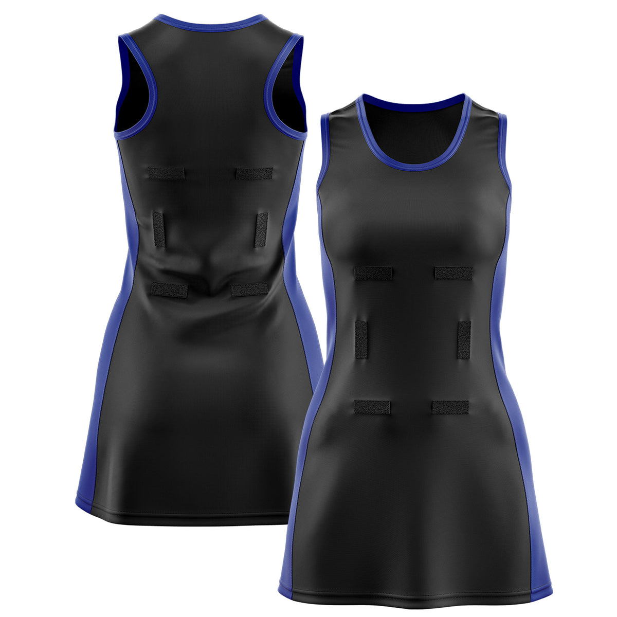 Custom Black Royal Blue Color Block Two Tone Netball Dresses
