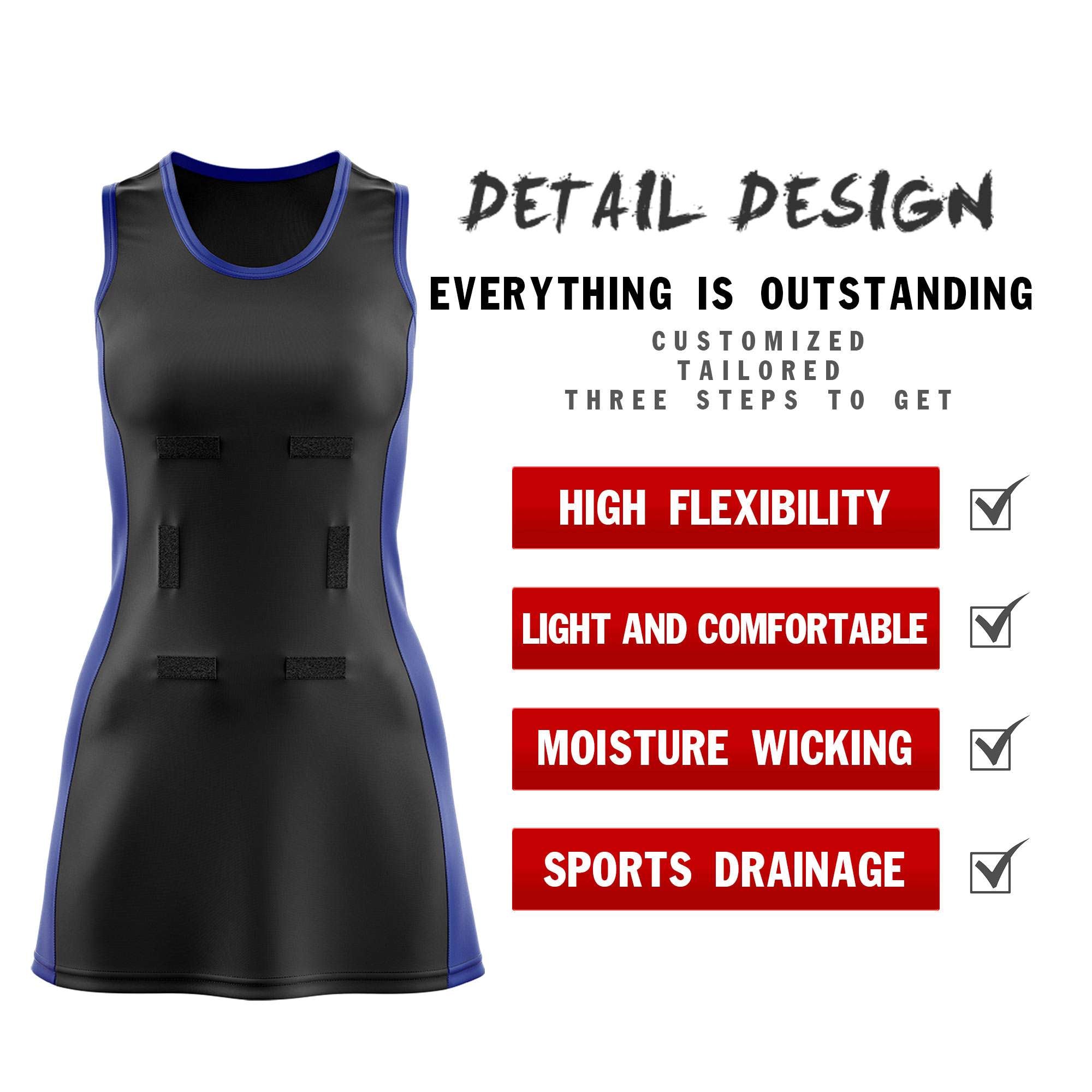 Custom Black Royal Blue Color Block Two Tone Netball Dresses