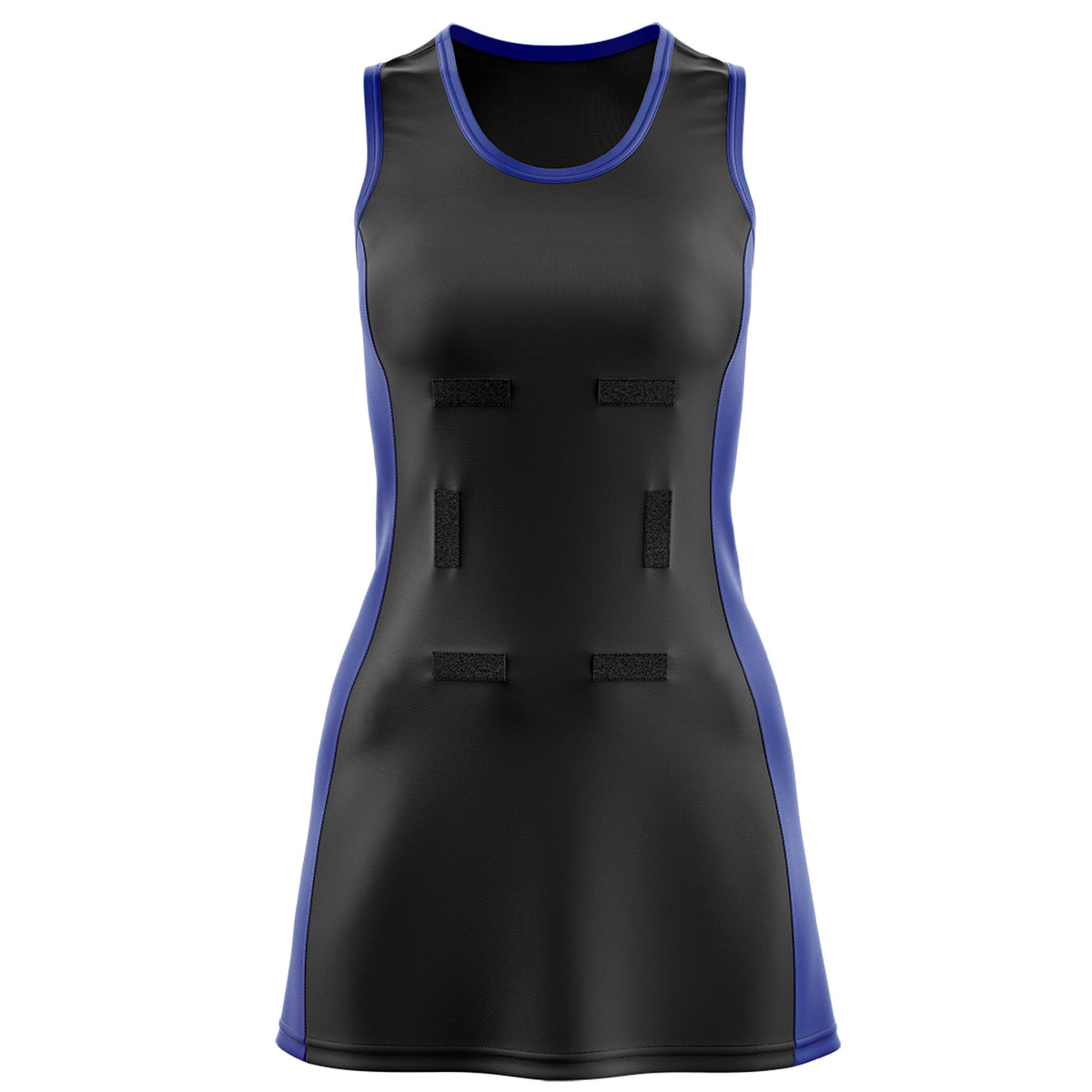 Custom Black Royal Blue Color Block Two Tone Netball Dresses