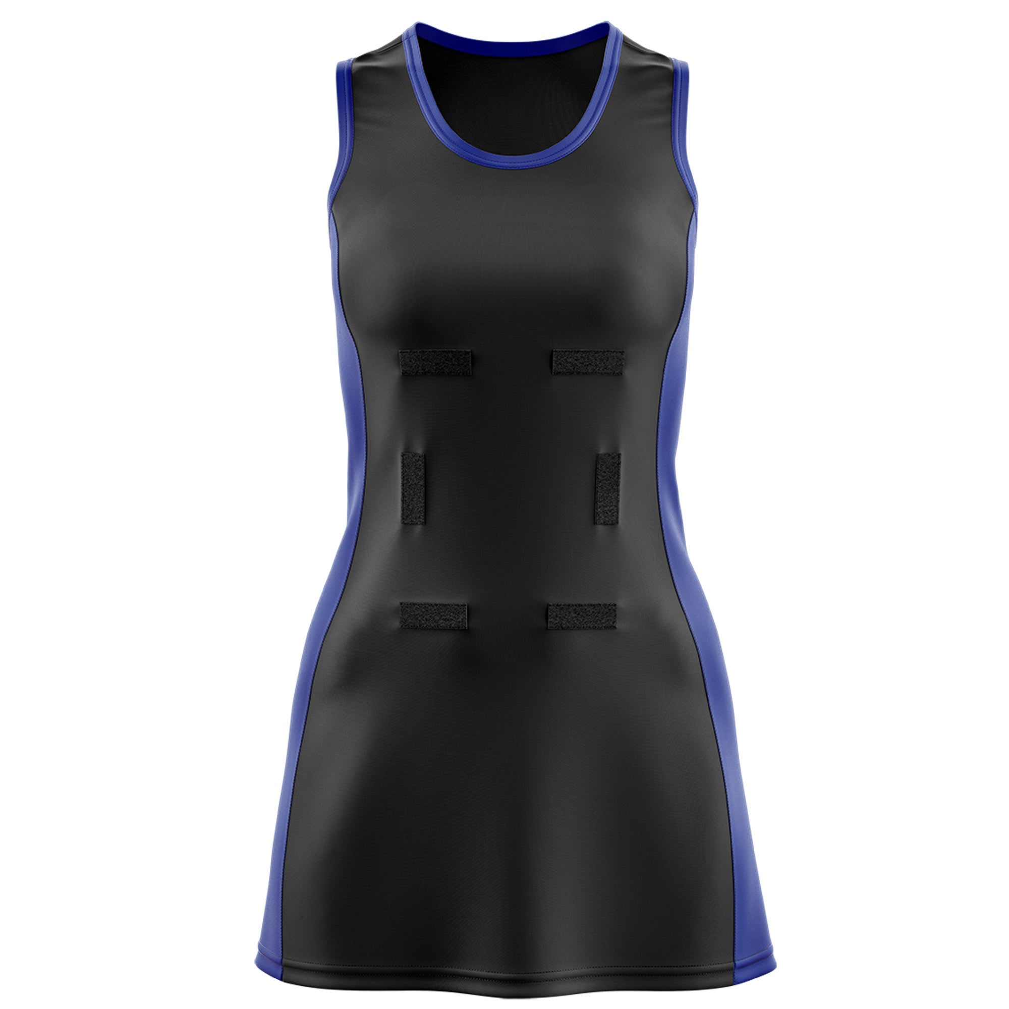 Custom Black Royal Blue Color Block Two Tone Netball Dresses